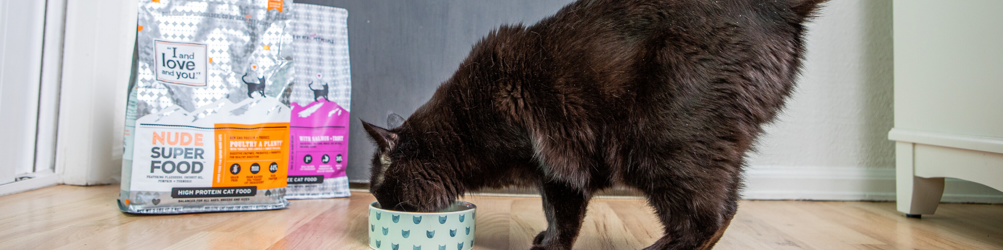 A cat eating from a bowl.