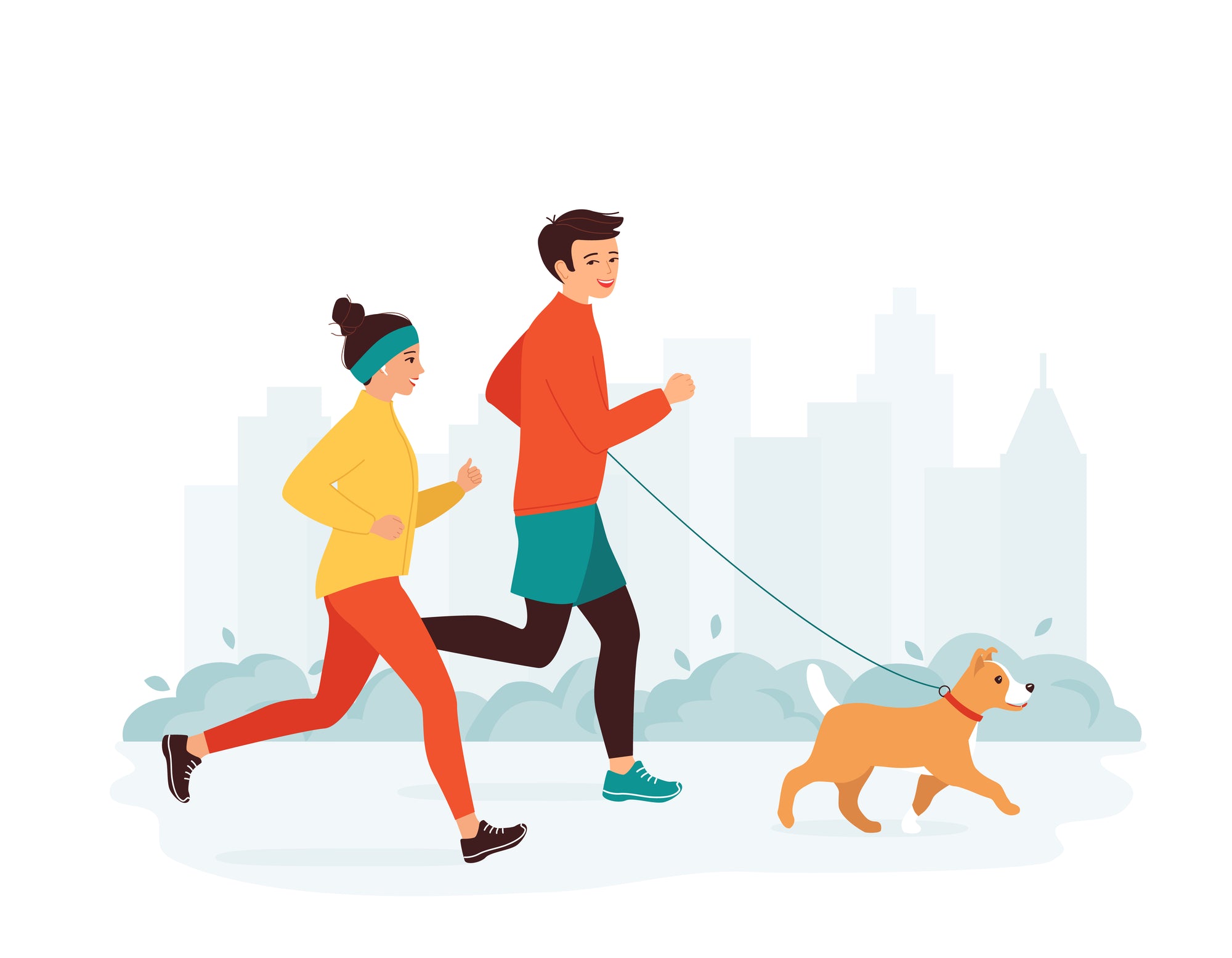 A man and woman jogging with a dog, cartoon of a dog on a leash, woman running in a yellow jacket.