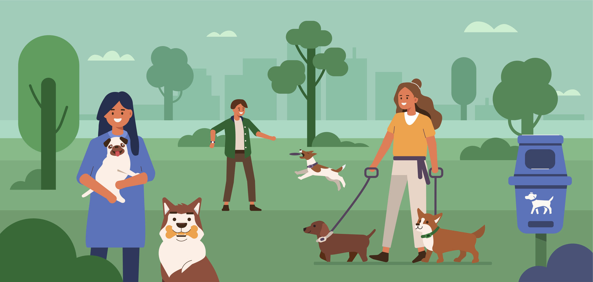 A woman walking dogs with a man and a cartoon dog holding a bone.
