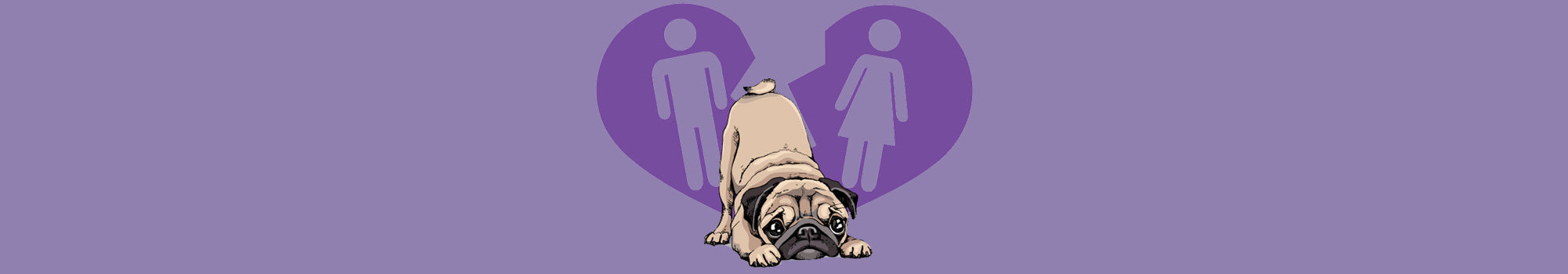 Illustration of a playful pug with its front legs stretched forward and hind legs up. Behind the dog, a purple heart contains silhouettes of a person and a person with a skirt, all set against a purple background.