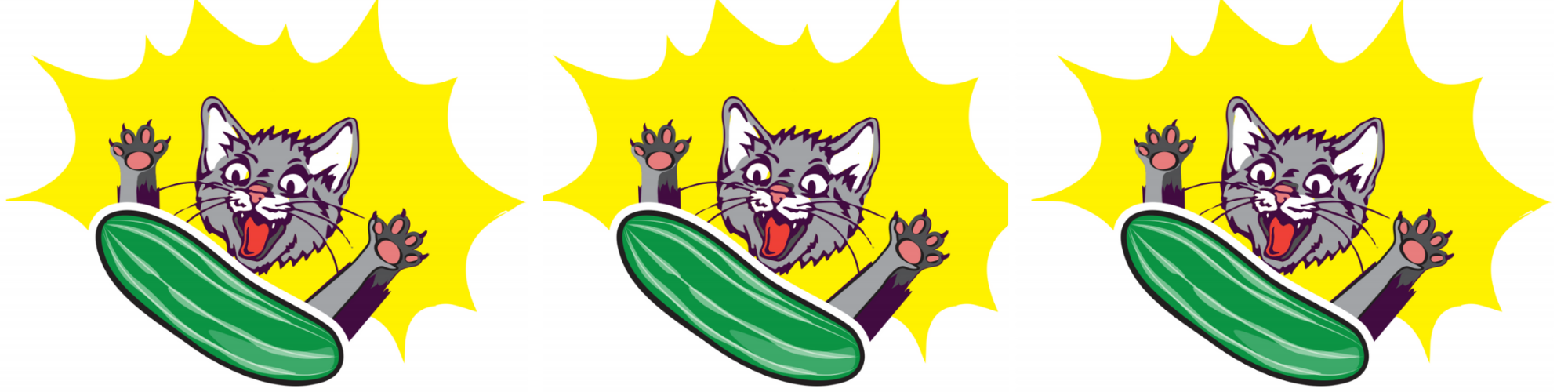 Illustration of a startled grey cat with wide eyes and open mouth, appearing to jump back in surprise at the sight of a green cucumber. The background features a yellow burst, emphasizing the cat's reaction. The image is repeated three times in a row.