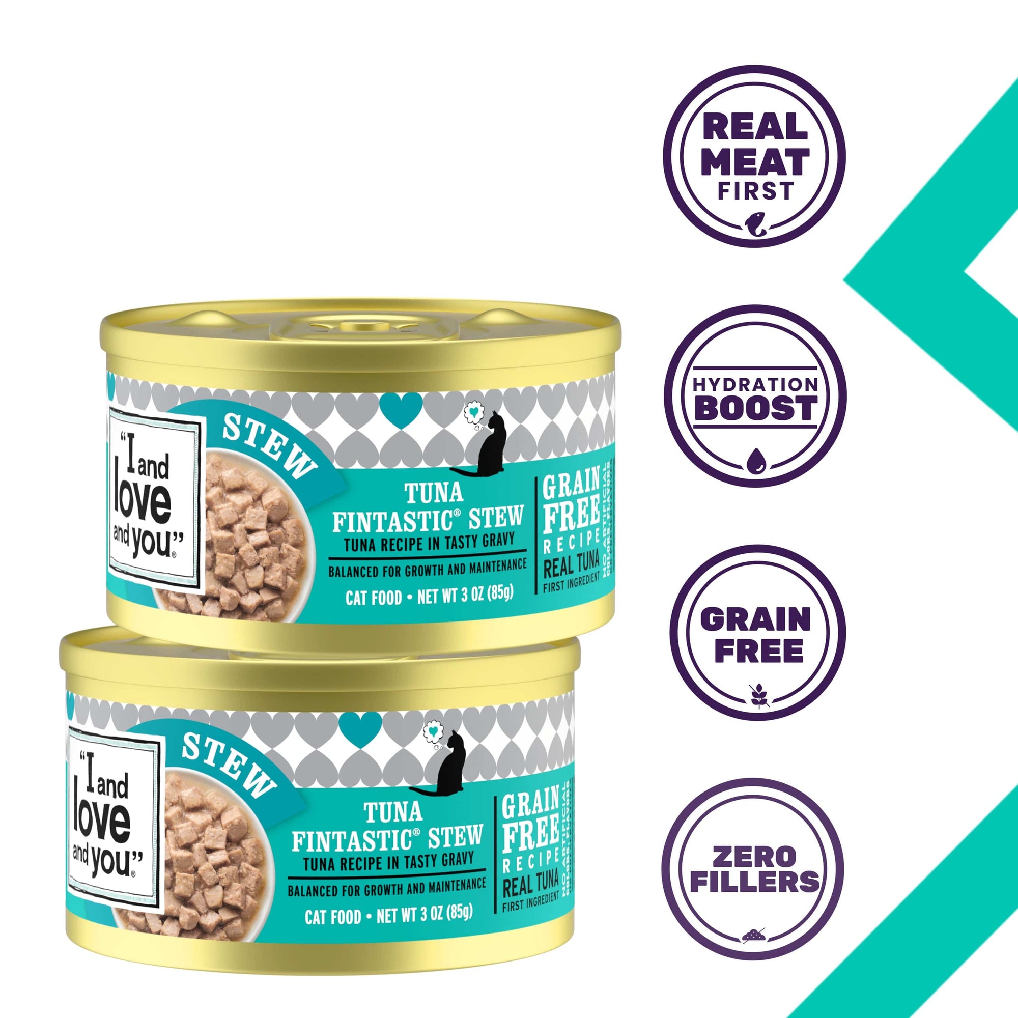Two cans of Original Recipe - Tuna Fintastic Stew cat food showcasing product features such as real meat first, hydration boost, grain free and zero fillers.