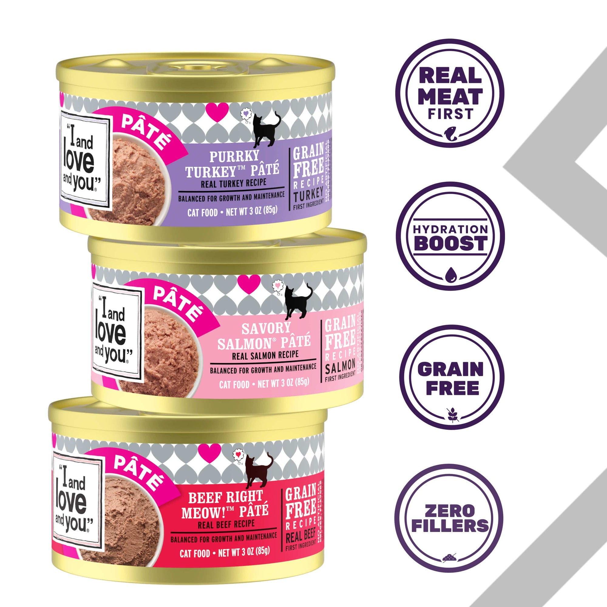 A variety of canned cat food including chicken, salmon, and turkey flavors, part of the Original Recipe - Cat Can Variety Pack - Farm To Sea showcasing product features such as real meat first, hydration boost, grain free and zero fillers.