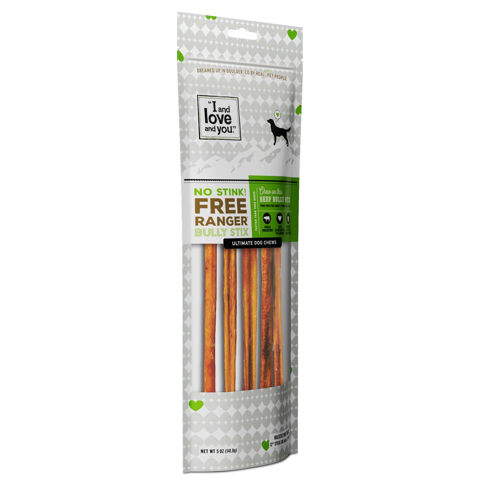 No Stink! Free Ranger Bully Stix 12 package with dog treats, chews, and sticks. Package side view.