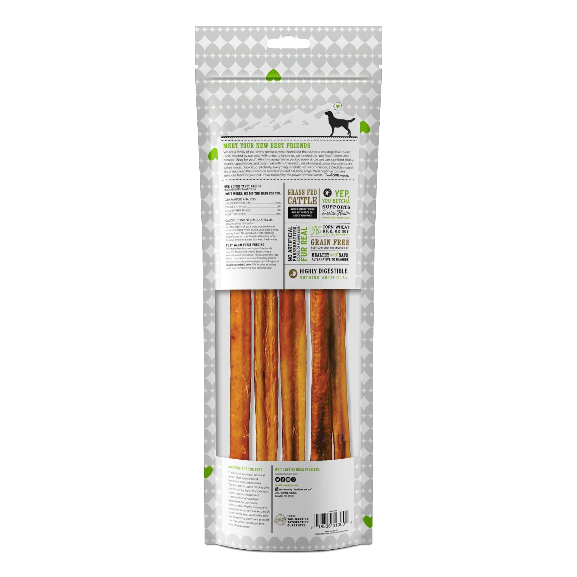 No Stink! Free Ranger Bully Stix 12 package with dog treats, chews, and sticks. Package back side.