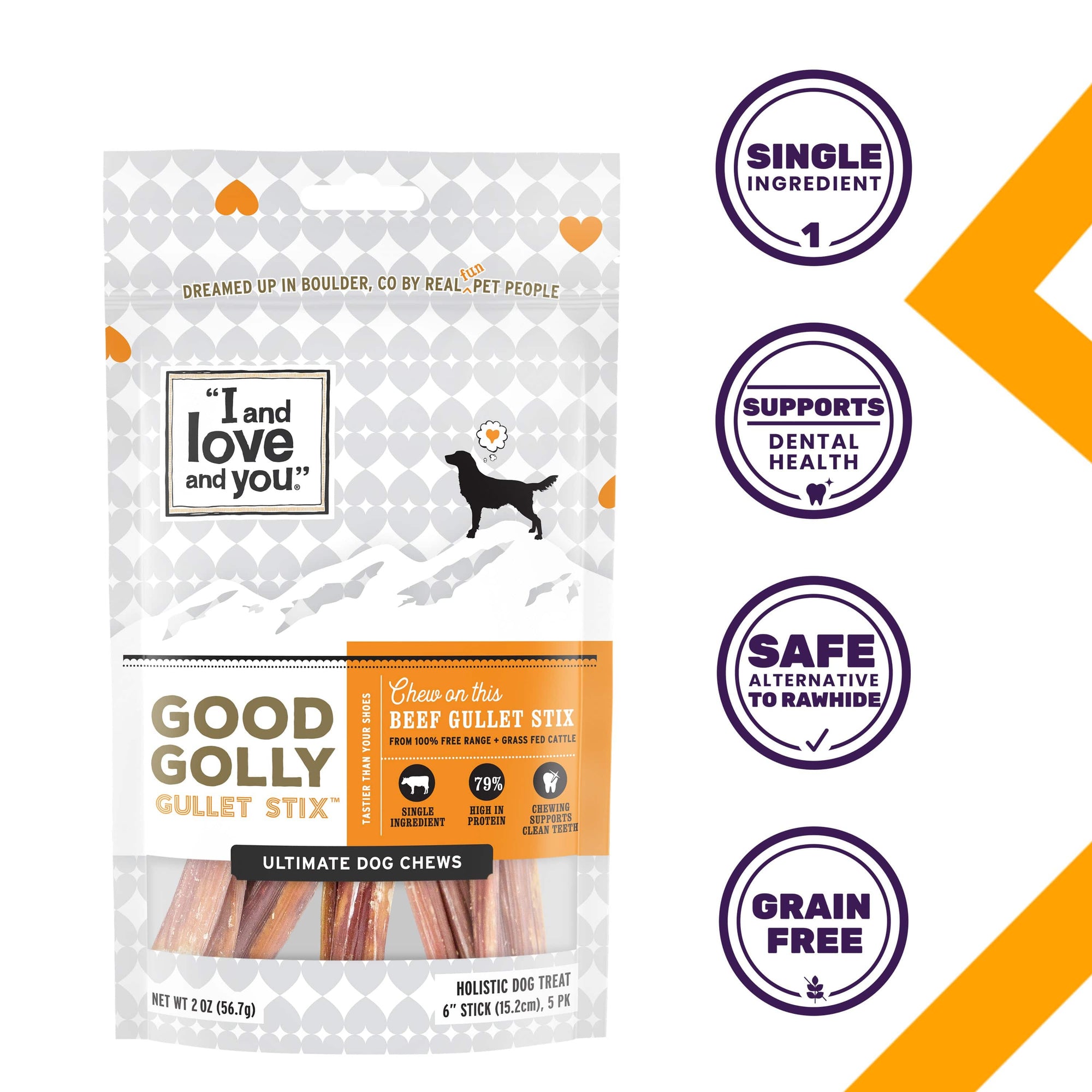 Good Golly Gullet Stix package with dog treats, dog silhouette, text labels, and close-up label detail.