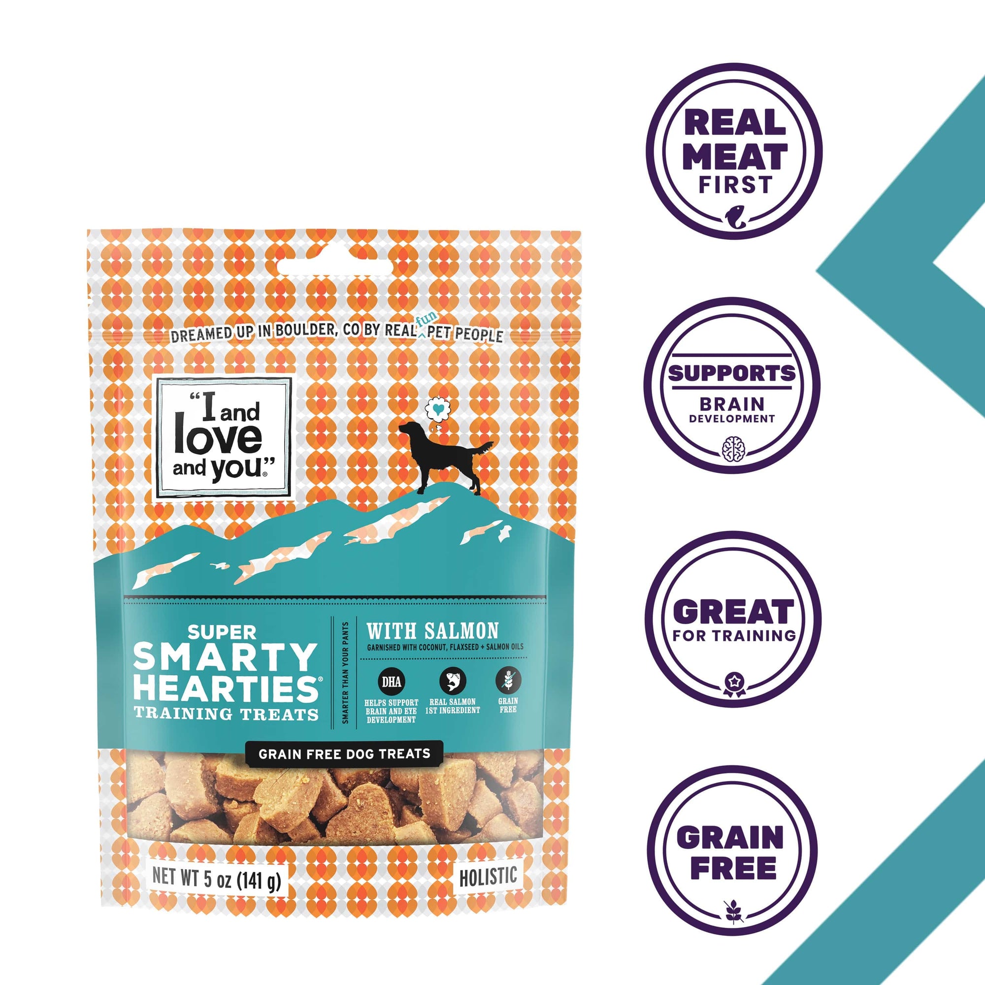 Super Smarty Hearties dog treats bag with a dog silhouette, meat company logo, and brain development circle.