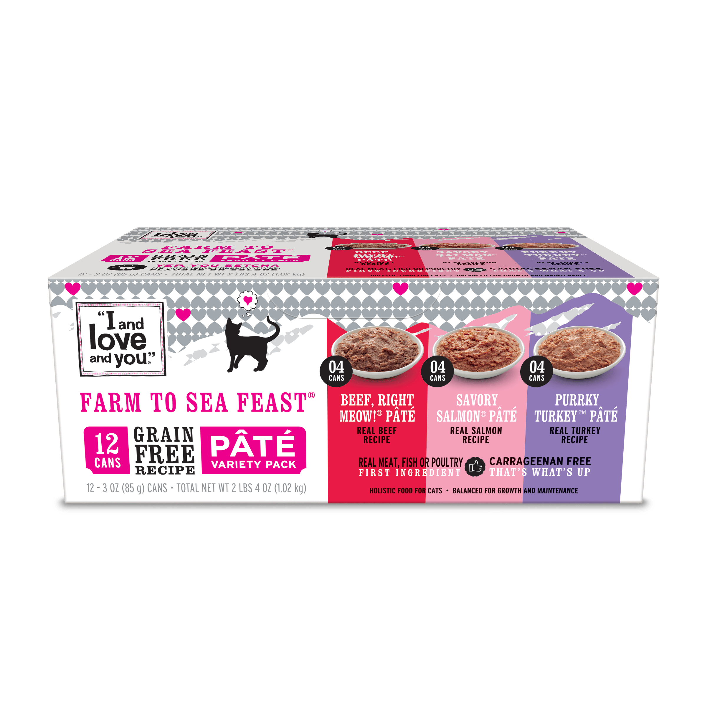 I and Love and You Beef, Right Meow!, Savory Salmon, and Purrky Turkey Pate Multi-Pack Canned Cat Food