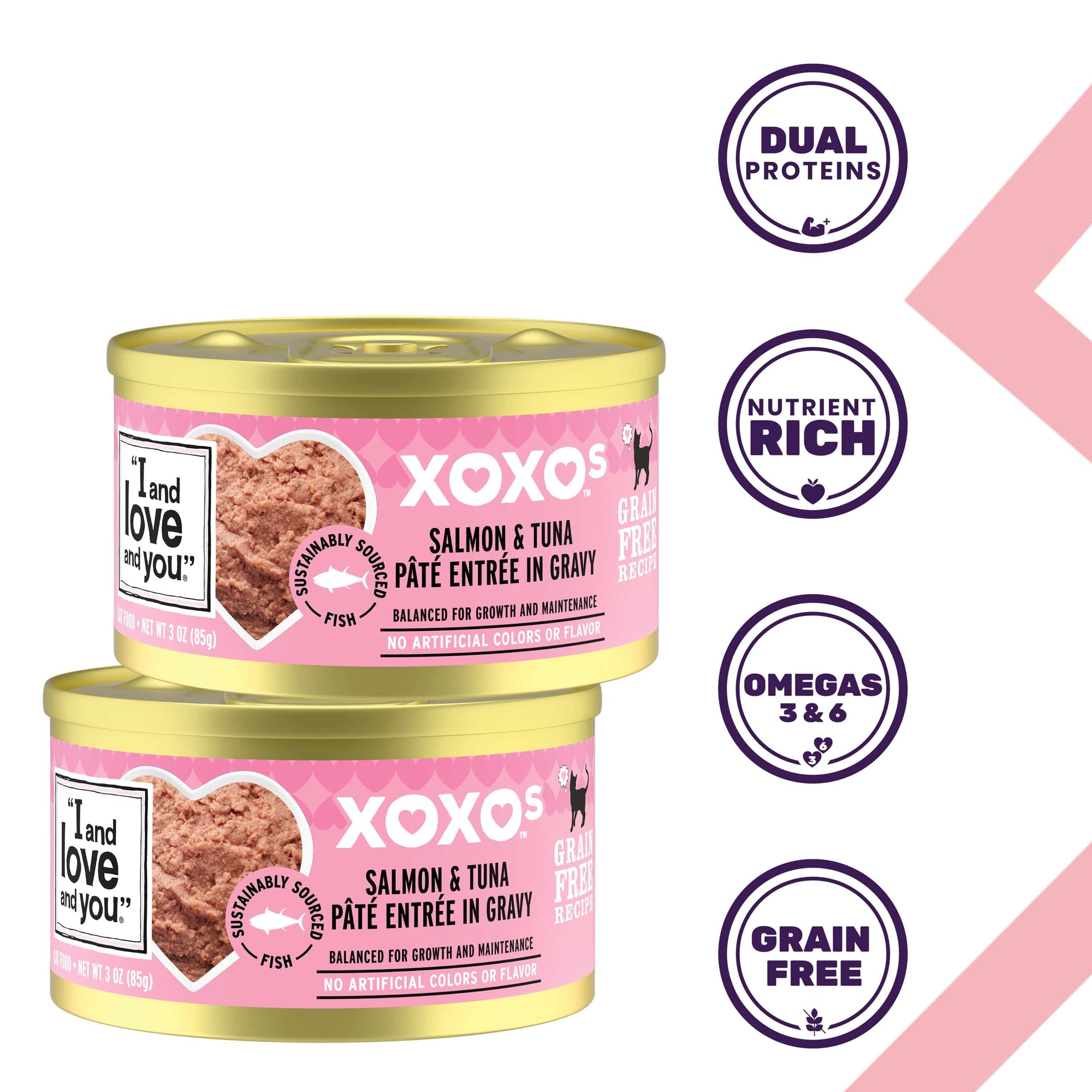Close-up of two cans of XOXOs Salmon & Tuna Pate with labels, a purple circle with text, and a pink label with a fish.
