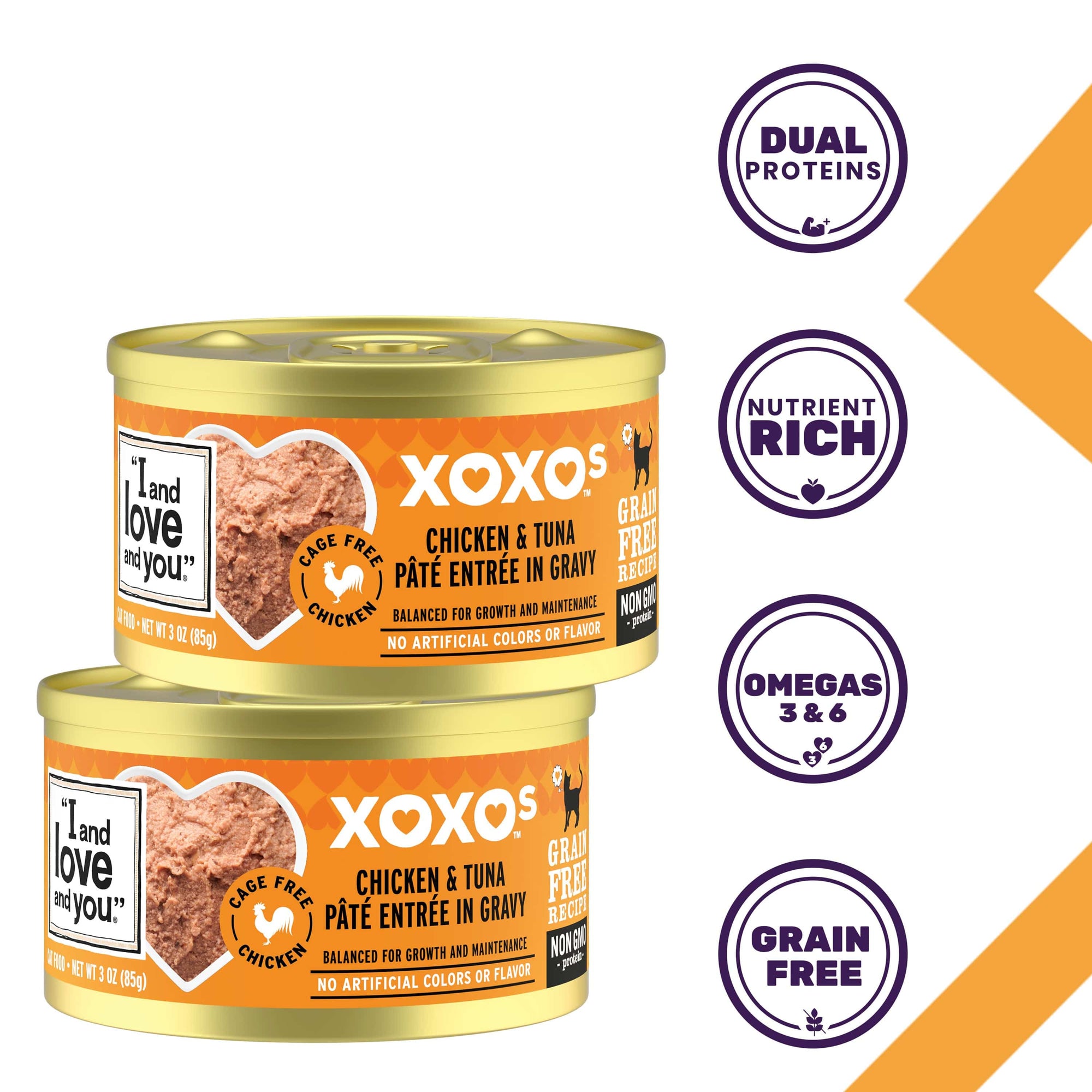 Group of gourmet canned pâté with chicken and tuna, cat-approved flavors, complete & balanced for all life stages.