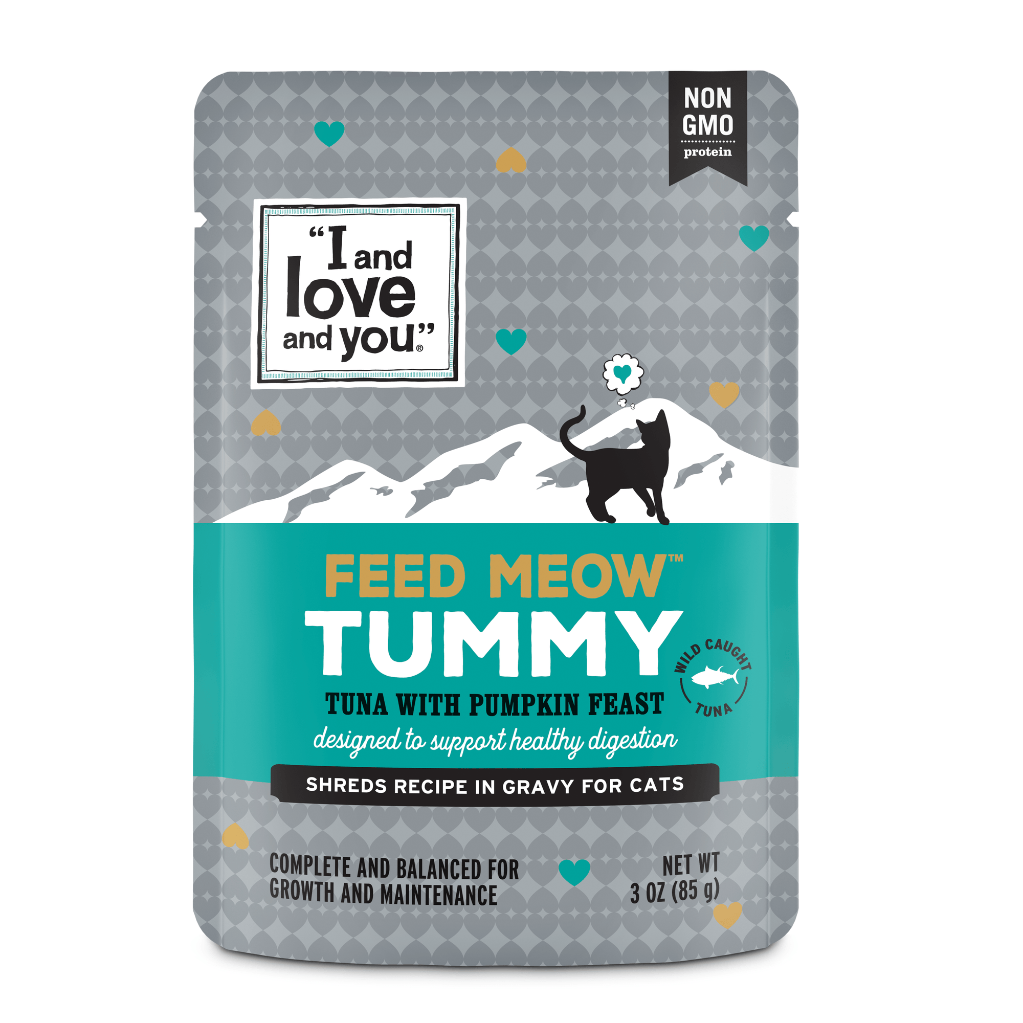 Feed Meow Tummy package with cat silhouette and sign text.