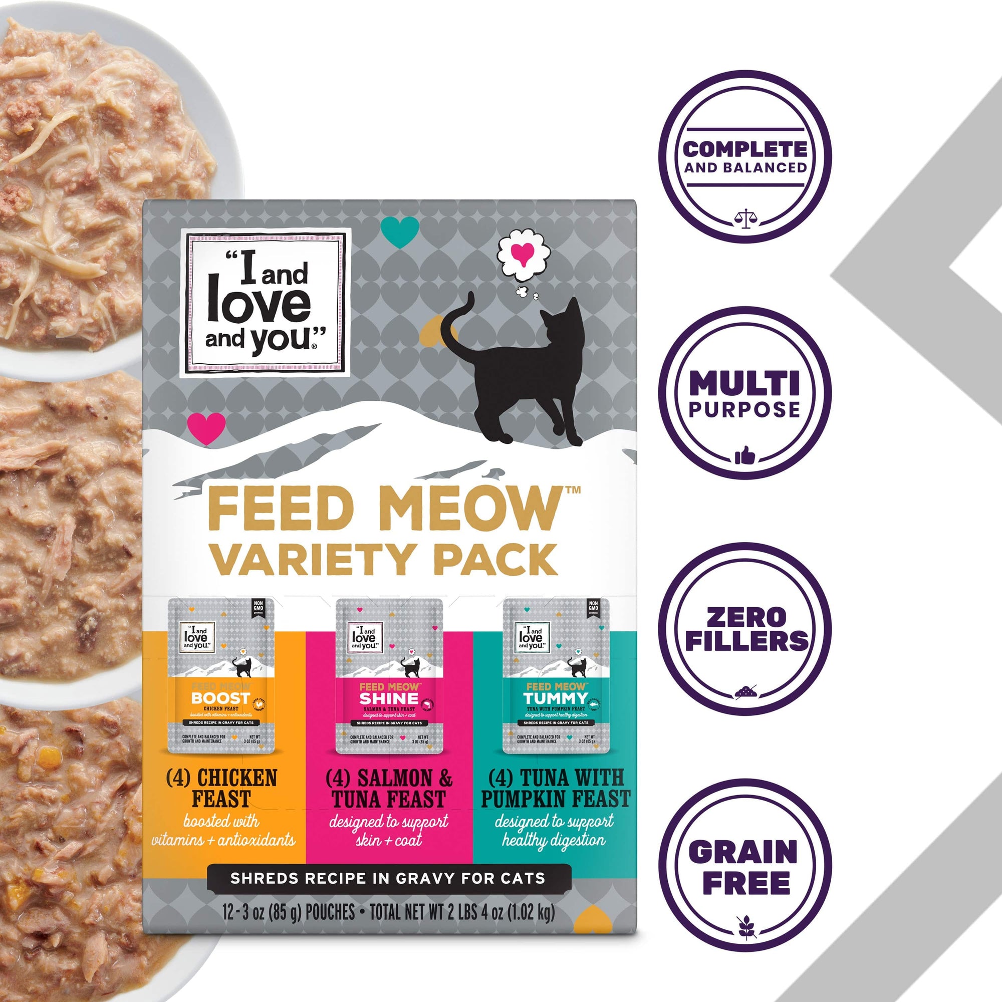 Feed Meow Variety Pack featuring BOOST Chicken, TUMMY Tuna with Pumpkin, and SHINE Salmon & Tuna pouches with gravy.