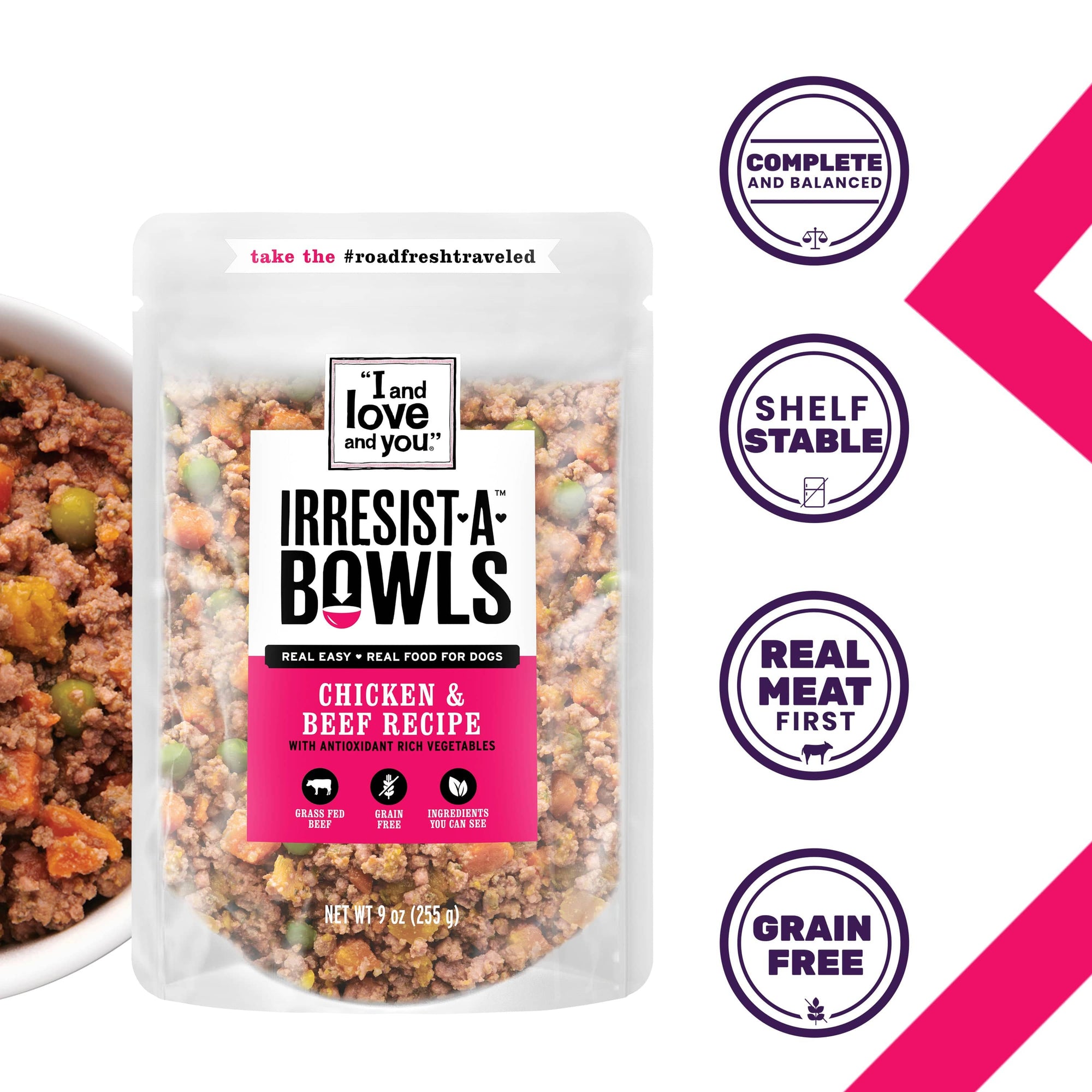 Irresist-A-Bowls - Chicken & Beef Recipe pouch with homestyle savory bites and chunky veggies for pets.