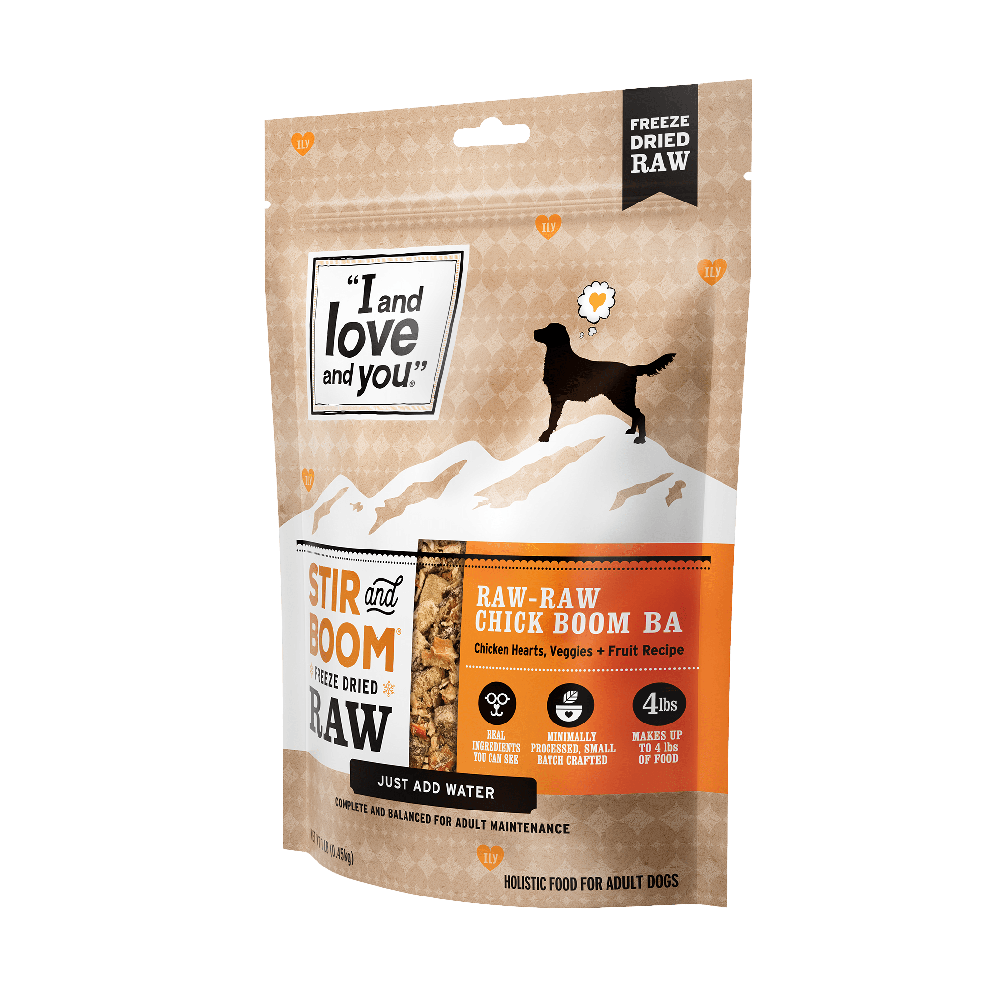 Stir & Boom - Raw Raw Chick Boom Ba: Dehydrated dog food bag with real, nutritious ingredients like chicken hearts and veggies.