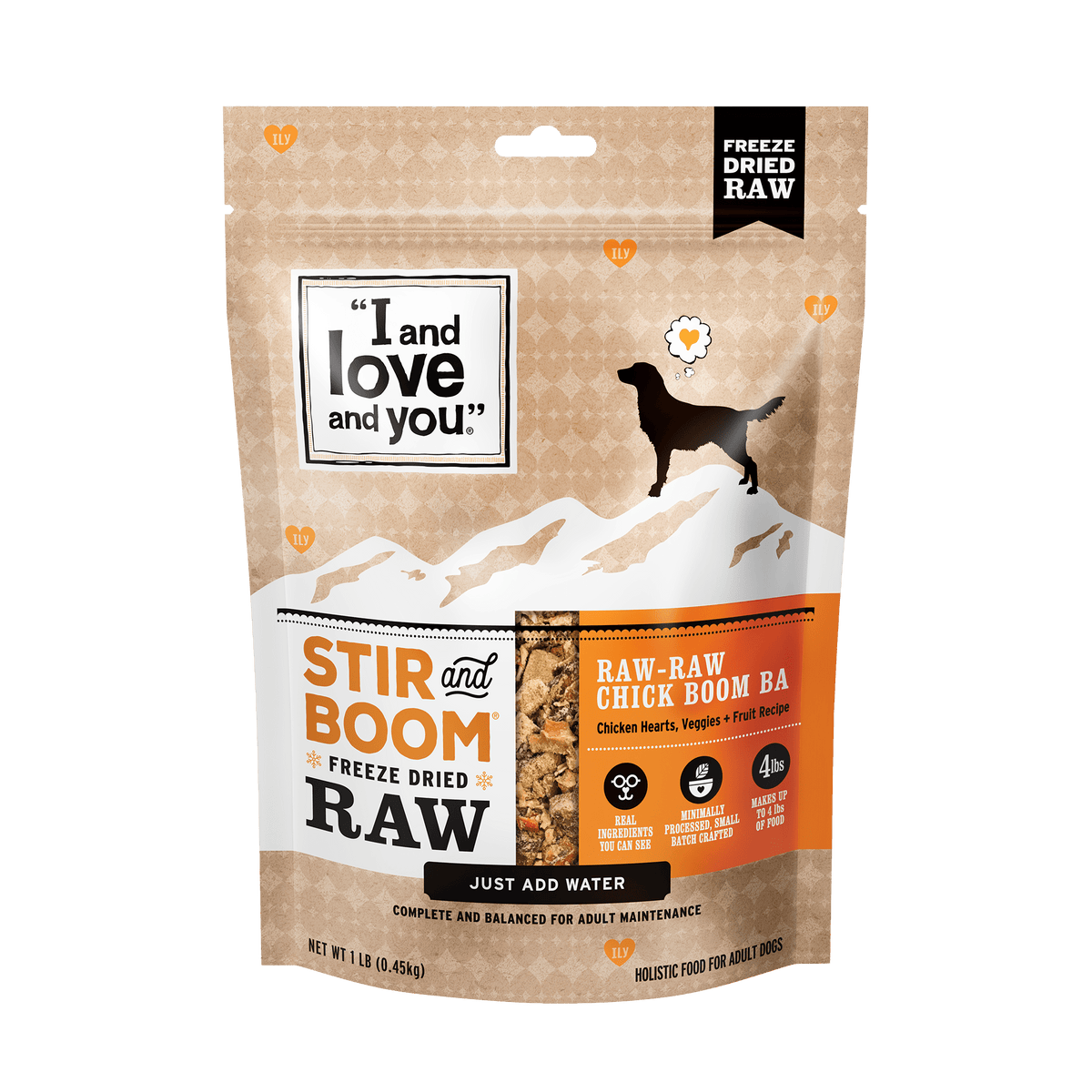 Stir & Boom - Raw Raw Chick Boom Ba packaging with dog food bag and silhouette of a dog.