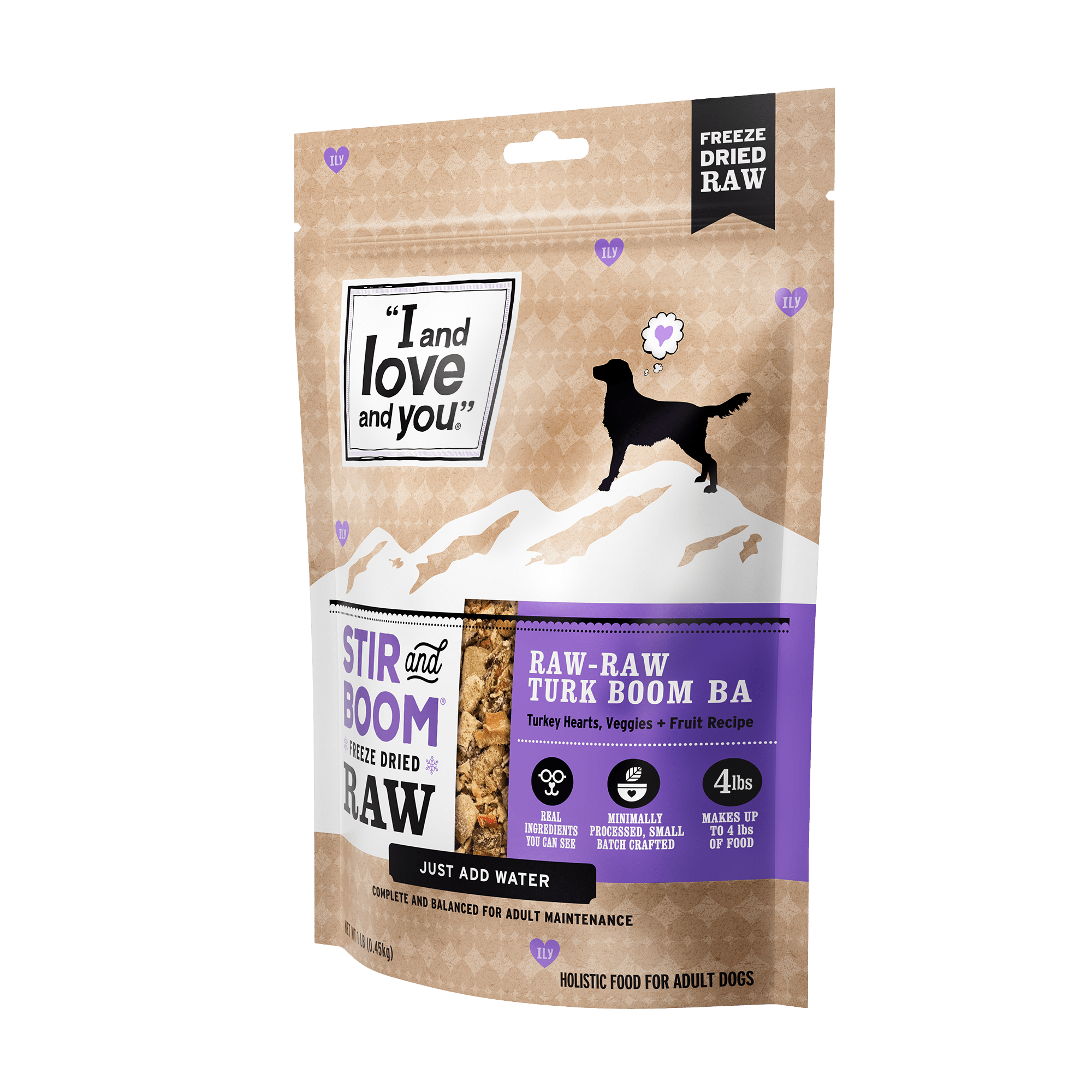 Stir & Boom - Raw Raw Turk Boom Ba packaging with dog food bag, silhouette of a dog, and product label. Package side view.