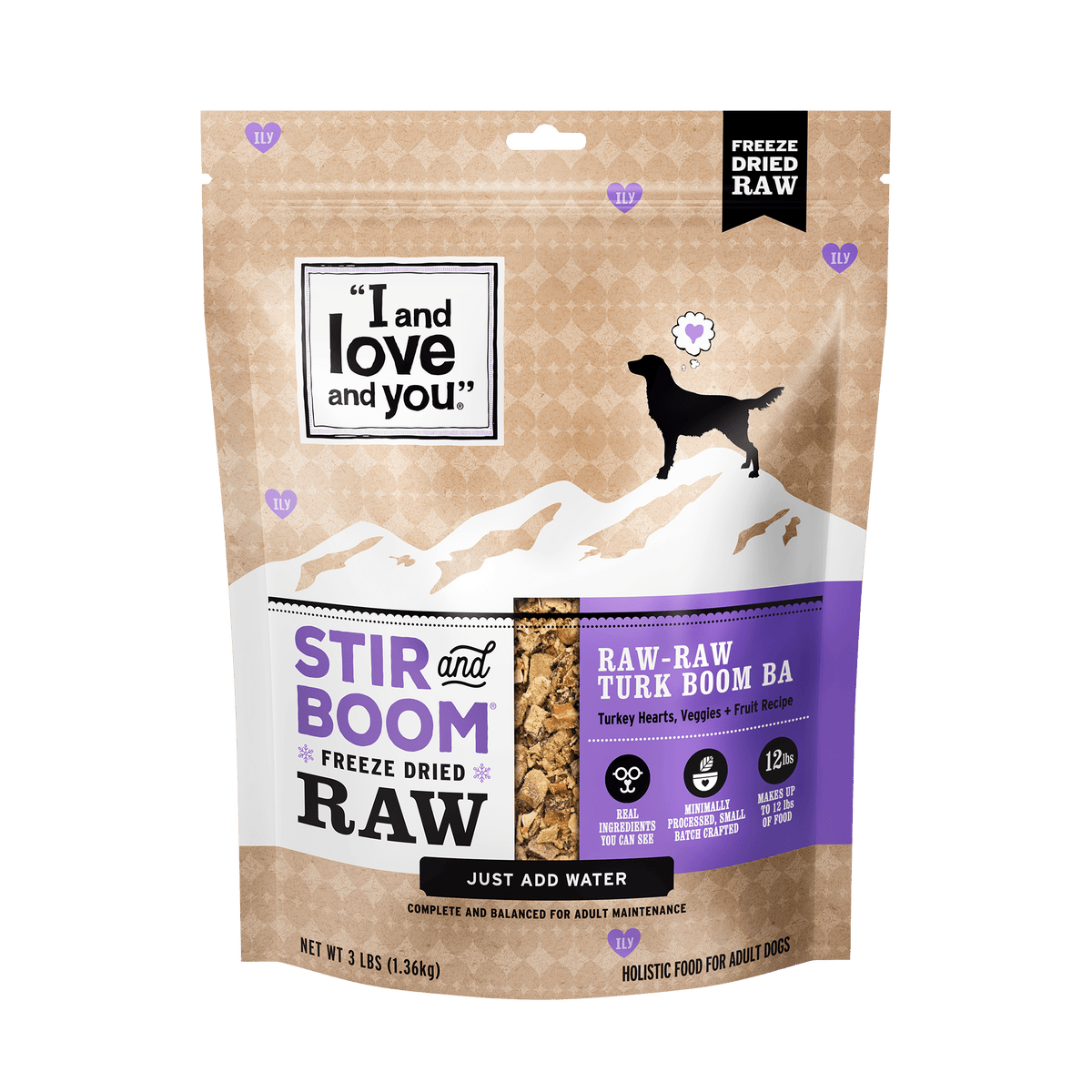 Stir & Boom - Raw Raw Turk Boom Ba: A bag of dehydrated dog food with visible turkey hearts, carrots, cranberries, broccoli, and sweet potato.