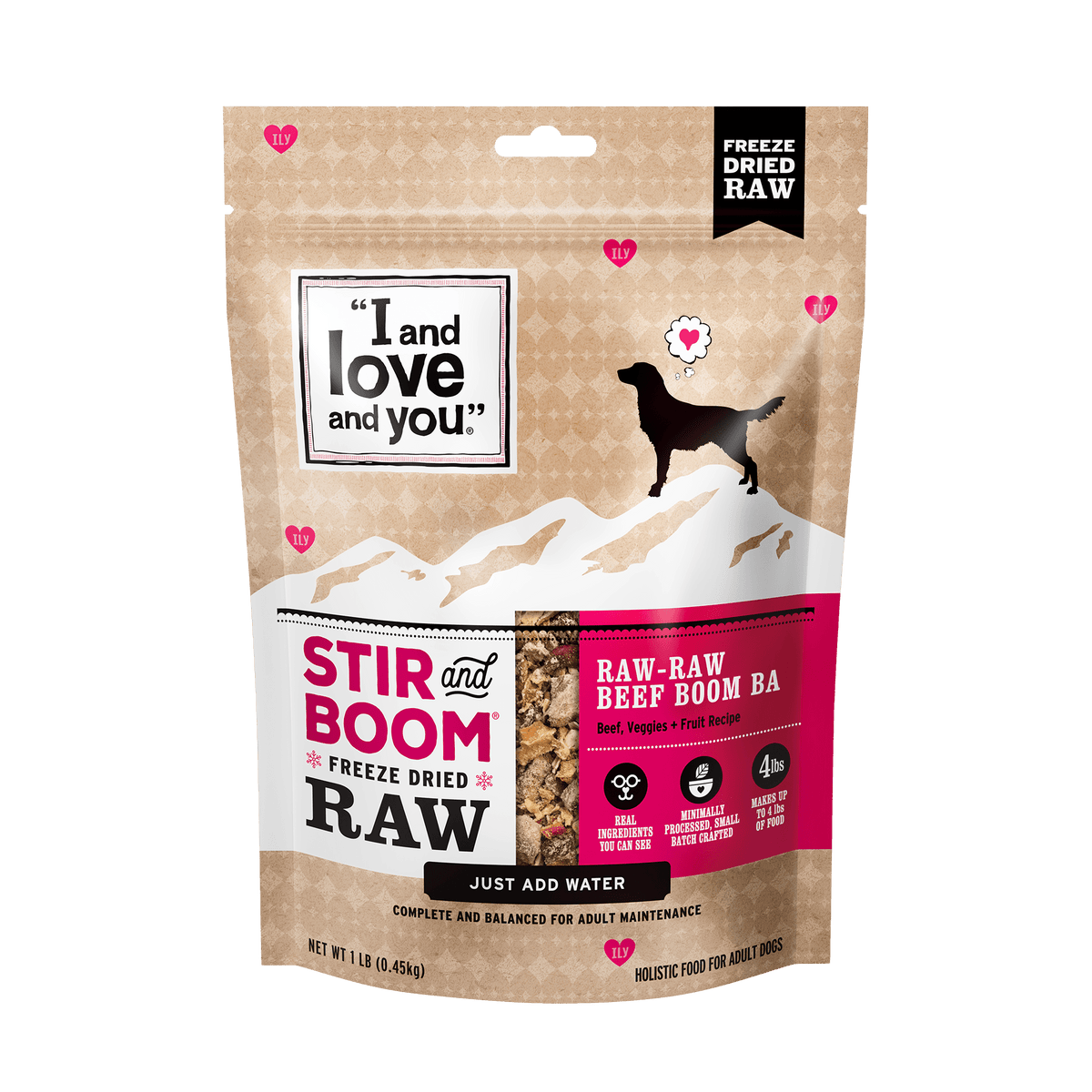 Stir & Boom - Raw Raw Beef Boom Ba: A bag of dehydrated dog food with real ingredients like beef hearts, sweet potatoes, and cranberries.