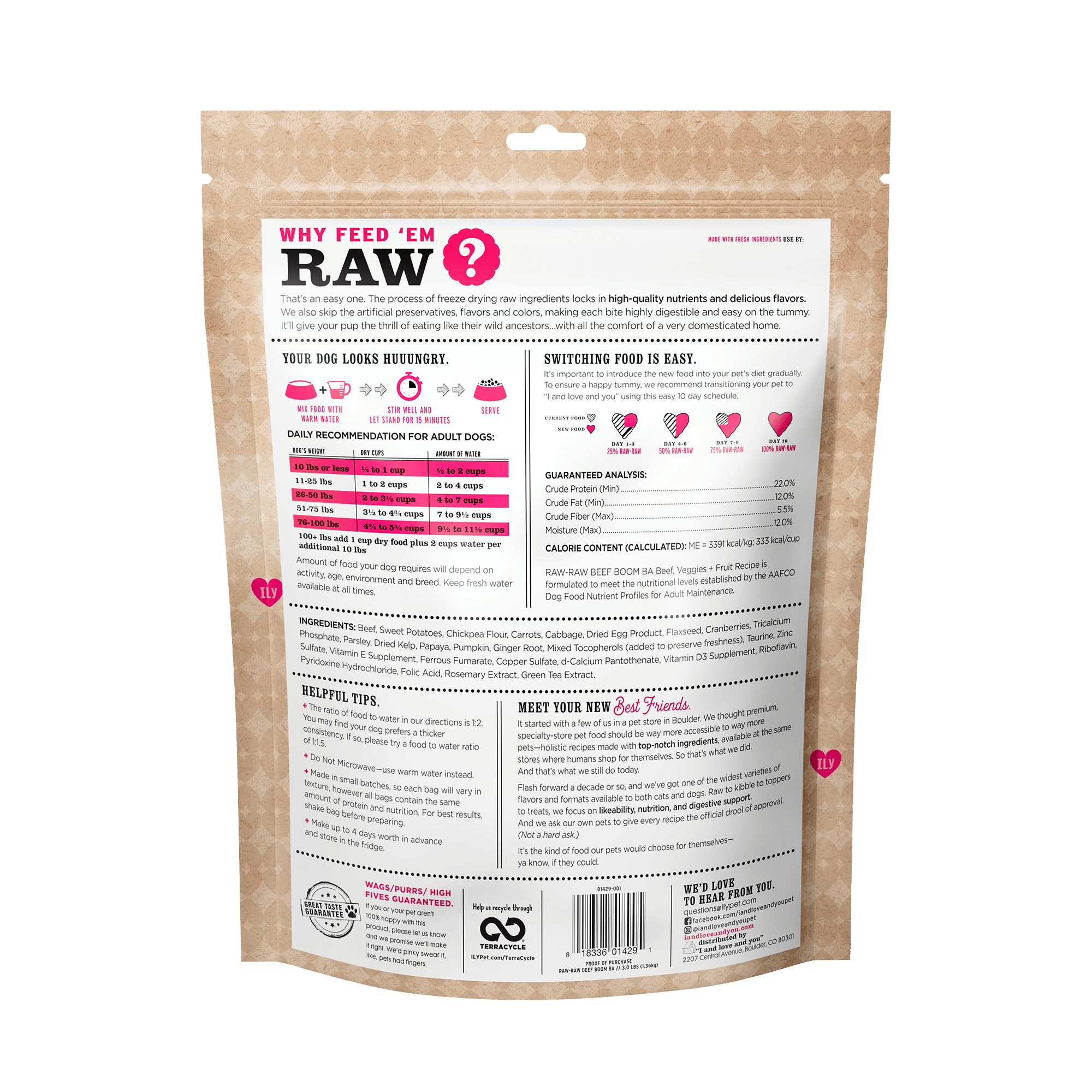 Stir & Boom - Raw Raw Beef Boom Ba: A close-up of a bag with a pink question mark, barcode, and label, showcasing dehydrated dog food ingredients.