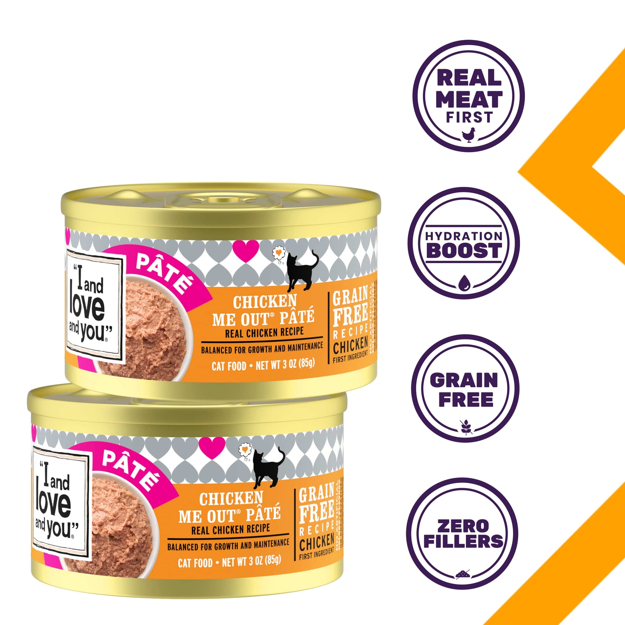 A group of cans of cat food featuring Original Recipe - Chicken Me Out Pâté, showcasing product features such as real meat first, hydration boost, grain free and zero fillers.
