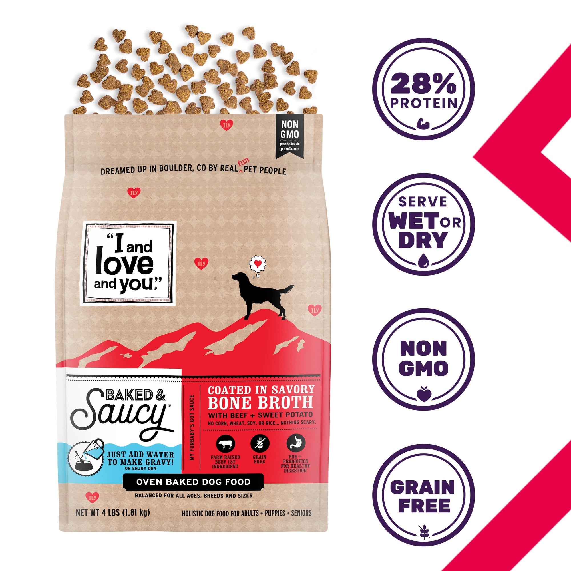 Baked & Saucy - Beef + Sweet Potato dog food bag with heart-shaped kibble and bone broth coating.