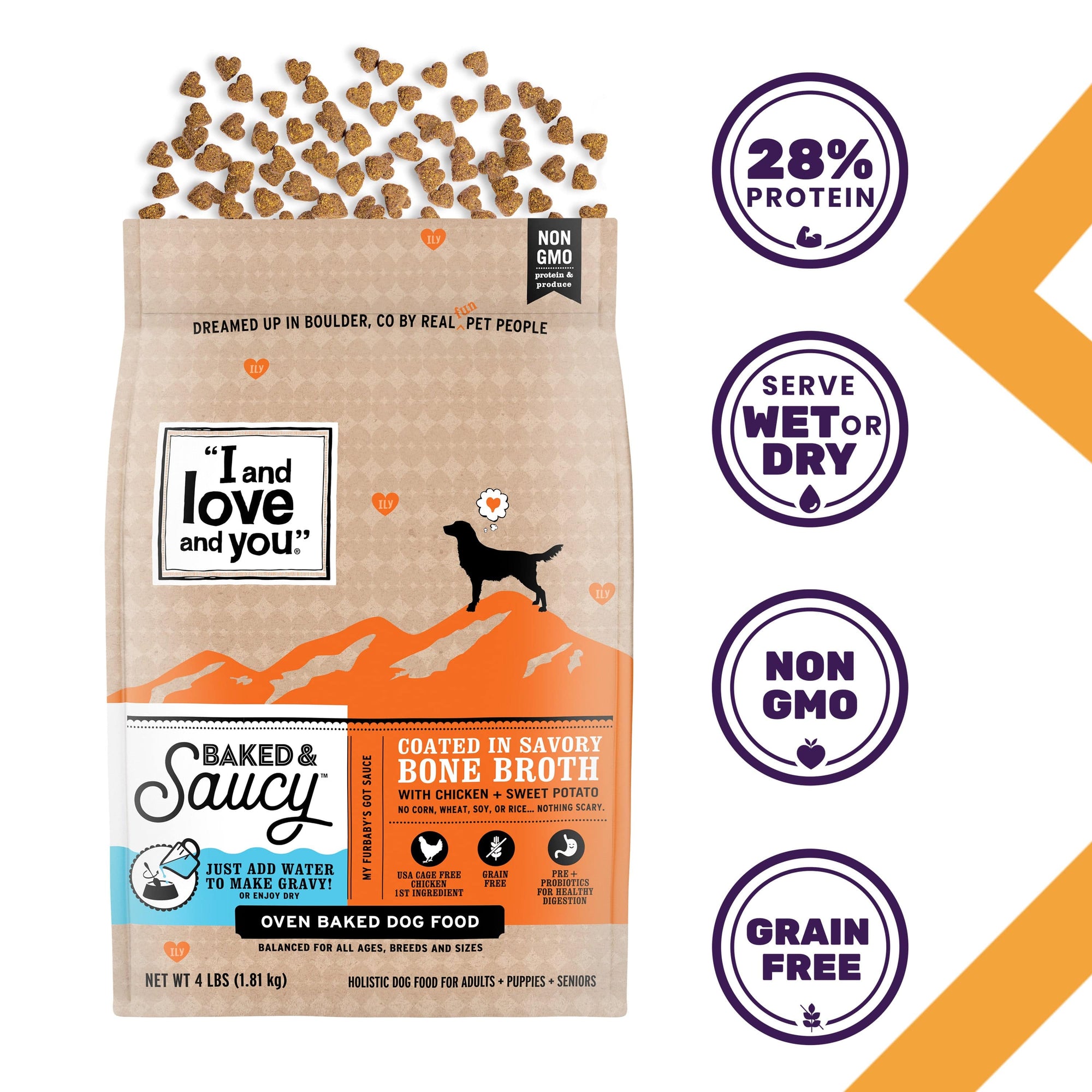 Baked & Saucy - Chicken + Sweet Potato heart-shaped kibble in a bag with a silhouette of a dog and text signs.