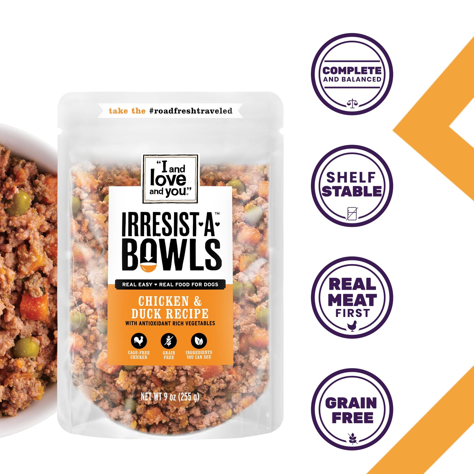 Irresist-A-Bowls - Chicken & Duck Recipe pouch with homestyle savory bites and chunky veggies for your pet's mealtime delight.
