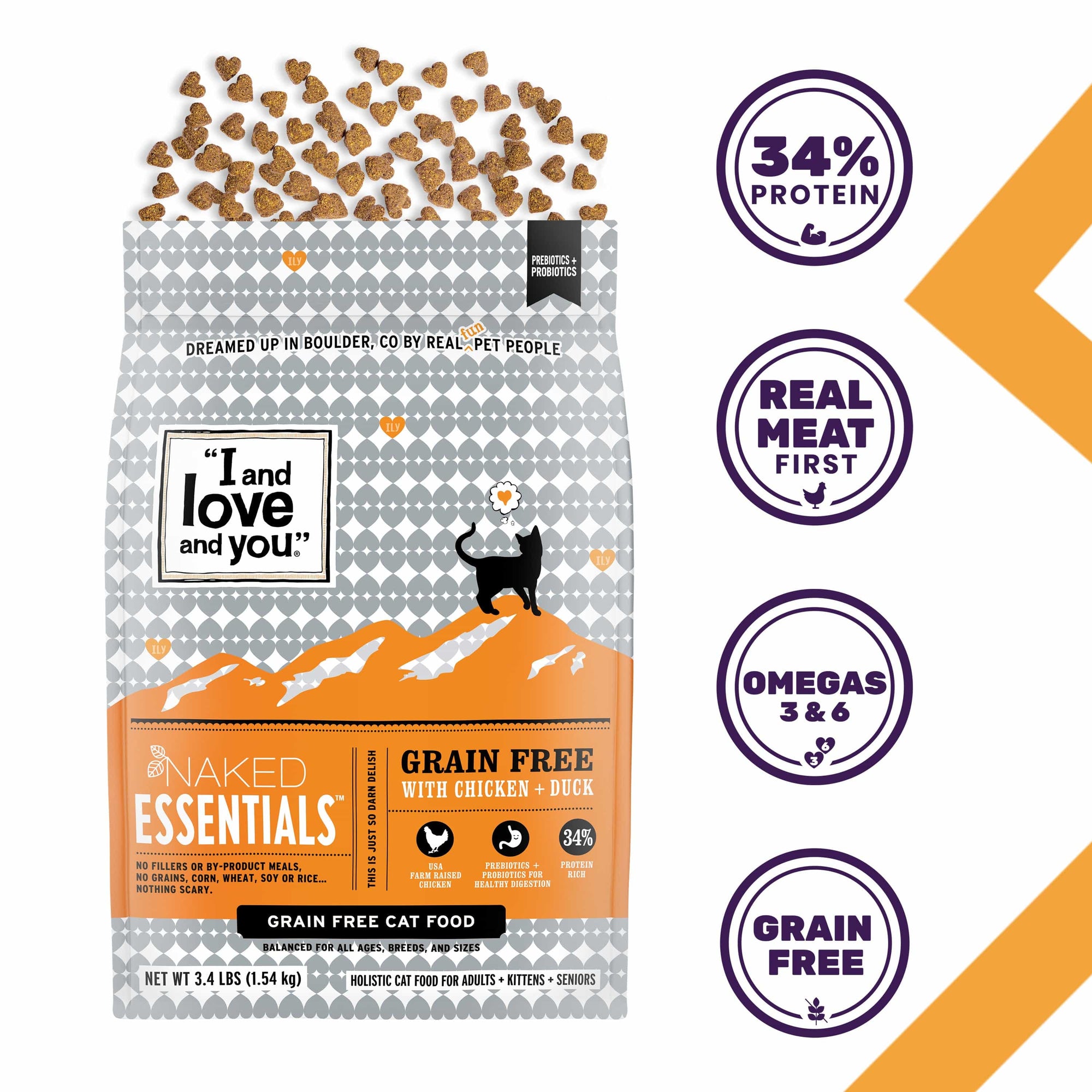 A bag of cat food with a label of Naked Essentials - Chicken + Duck.
