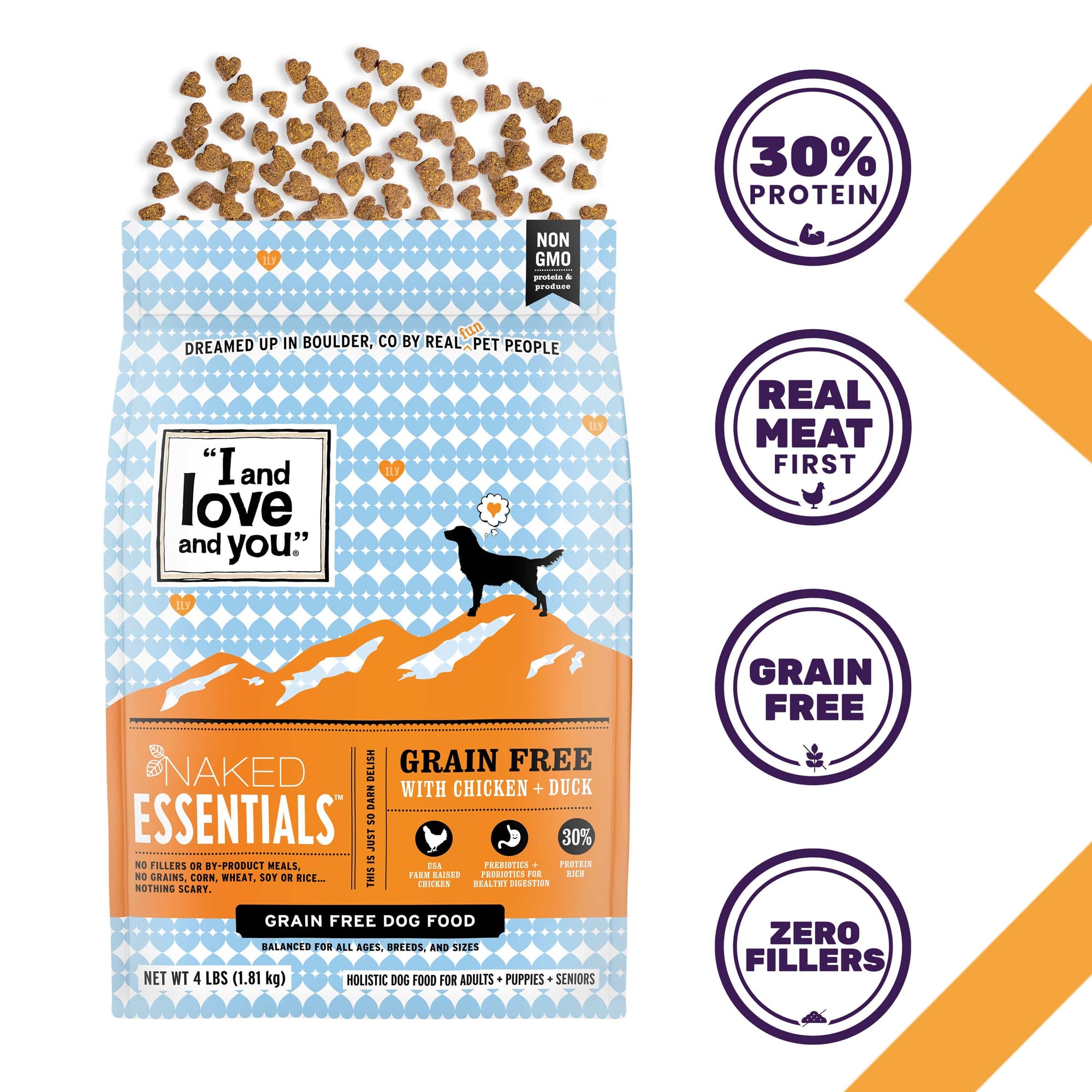 A bag of dog food featuring Naked Essentials - Chicken + Duck kibble for your pet's health and happiness.