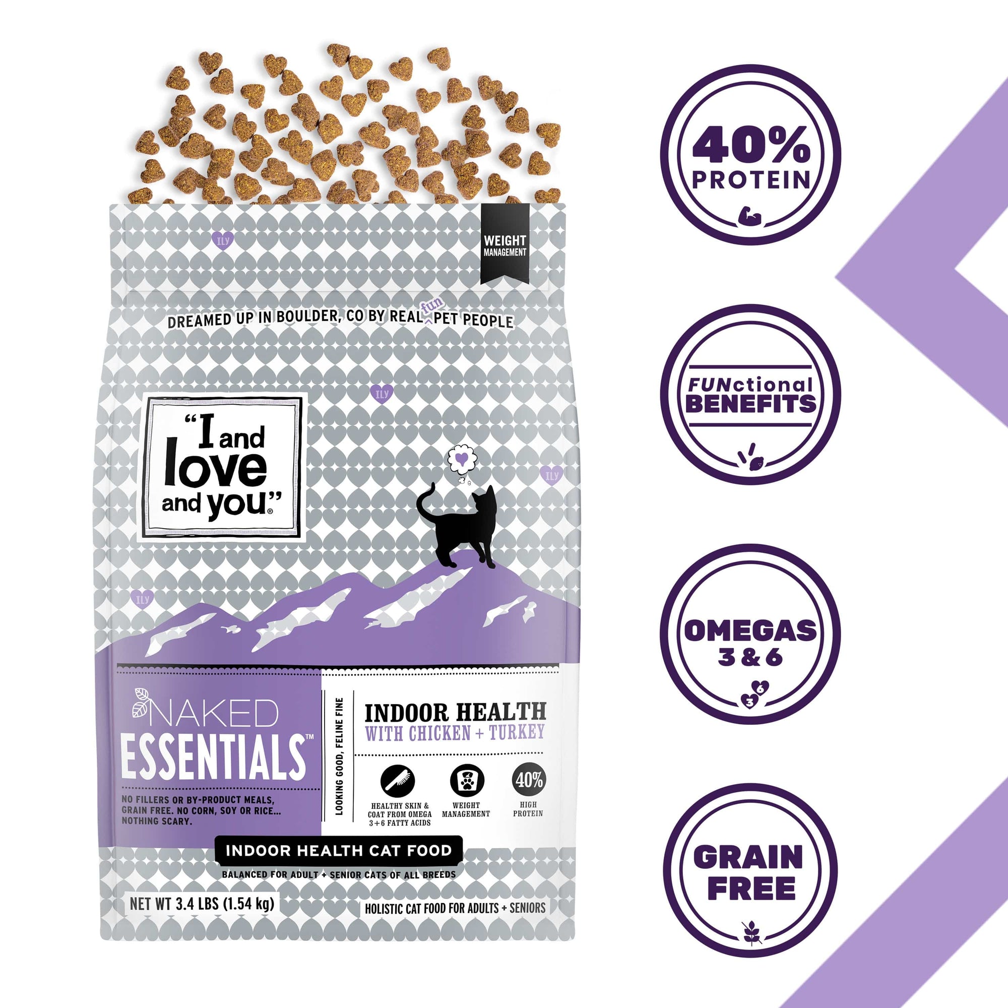 A bag of cat food featuring Naked Essentials Indoor Health - Chicken + Turkey kibble for your feline friend.
