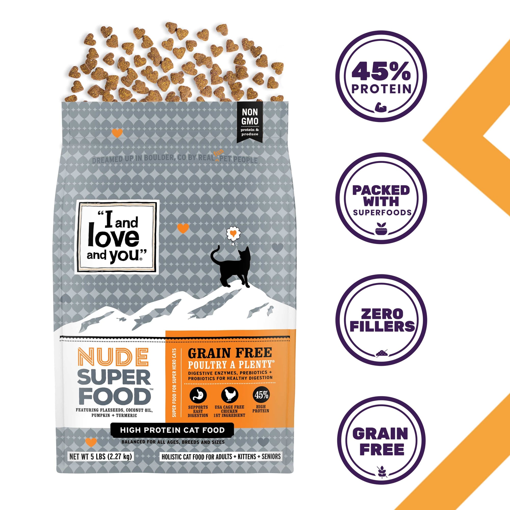 Nude Super Food - Poultry a Plenty: Bag of cat food with premium kibble, meat protein, superfoods, and digestive enzymes for a healthy cat glow-up.