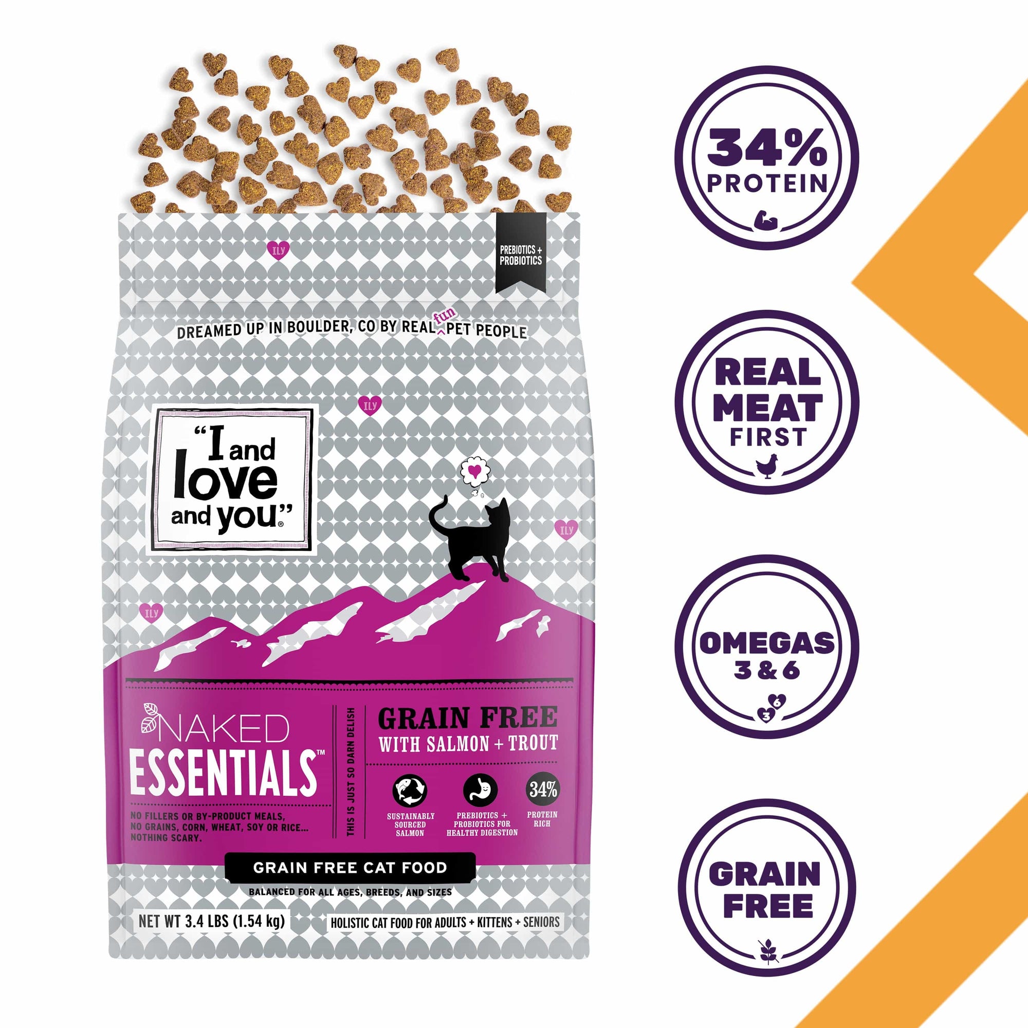 A bag of cat food with a logo featuring a chicken and text, alongside a purple circle with numbers and text.