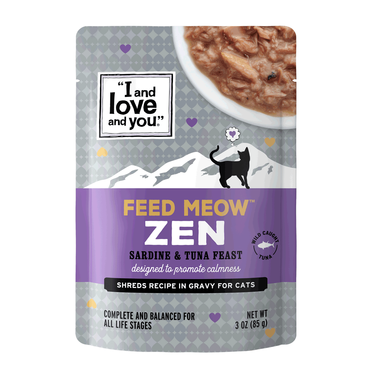 A package of cat food featuring chunky, shredded fish slathered in gravy - Feed Meow Zen Sardine & Tuna Feast.
