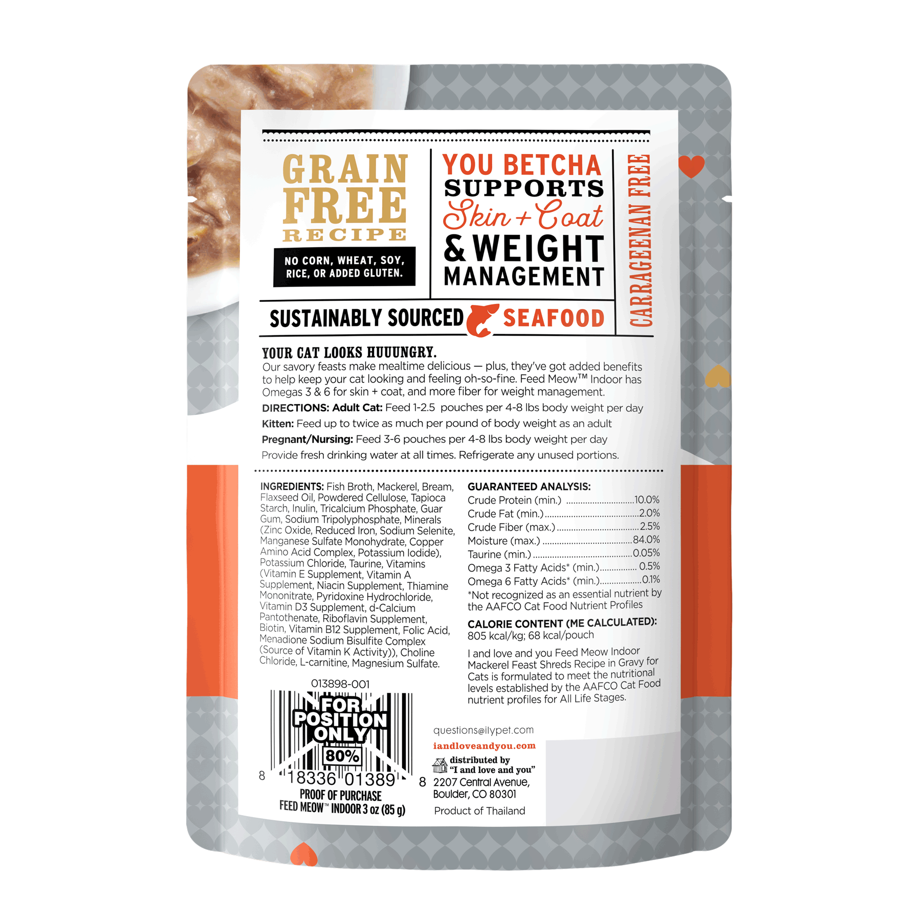 Feed Meow Indoor cat food package with label, barcode, and text on white background.