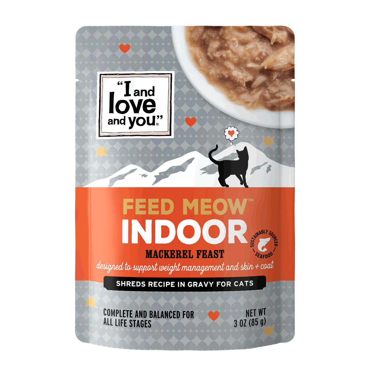 A package of cat food featuring the Feed Meow Indoor product label and a close-up of food on a plate.