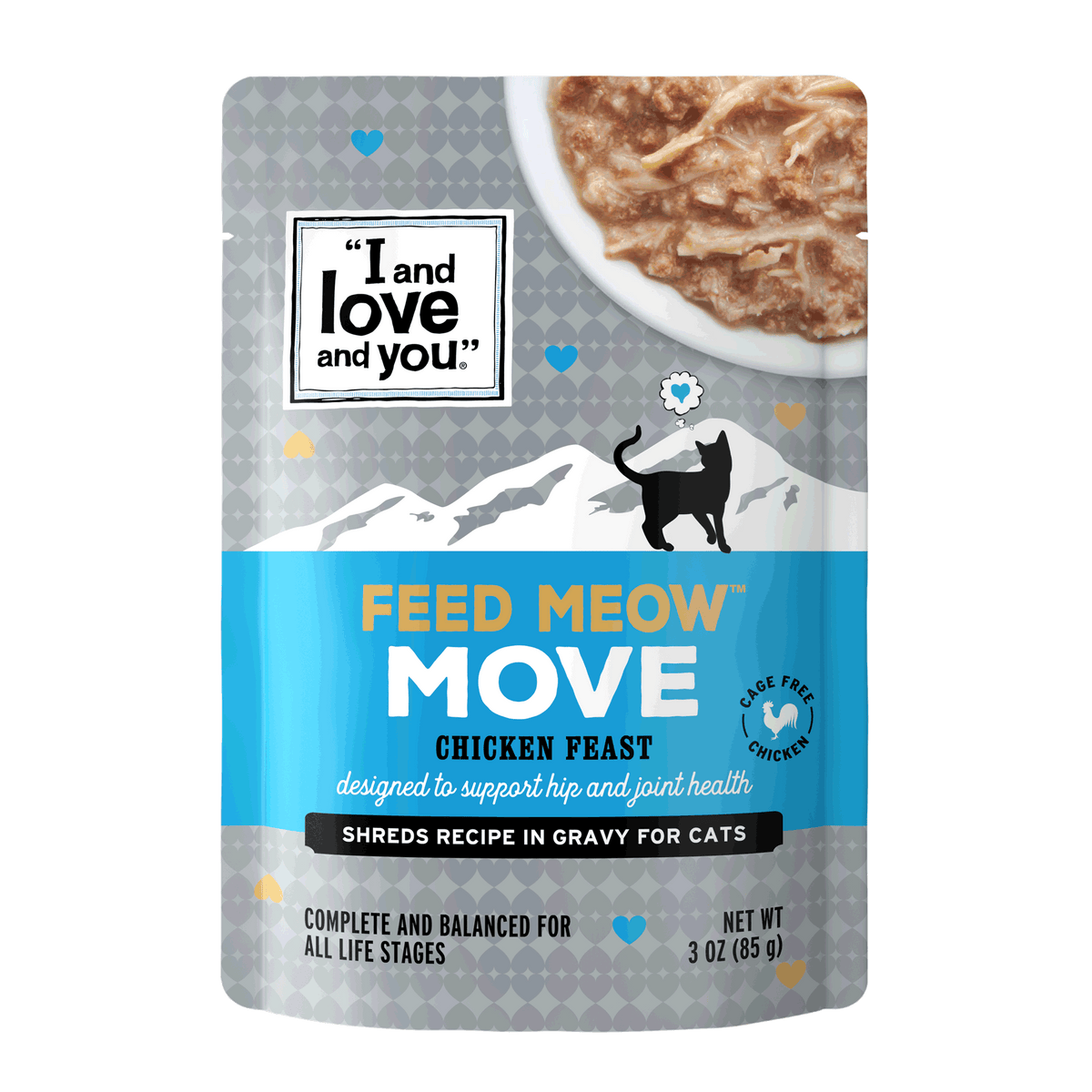 A package of cat food featuring chunky, shredded chicken in gravy, part of Feed Meow Move line.