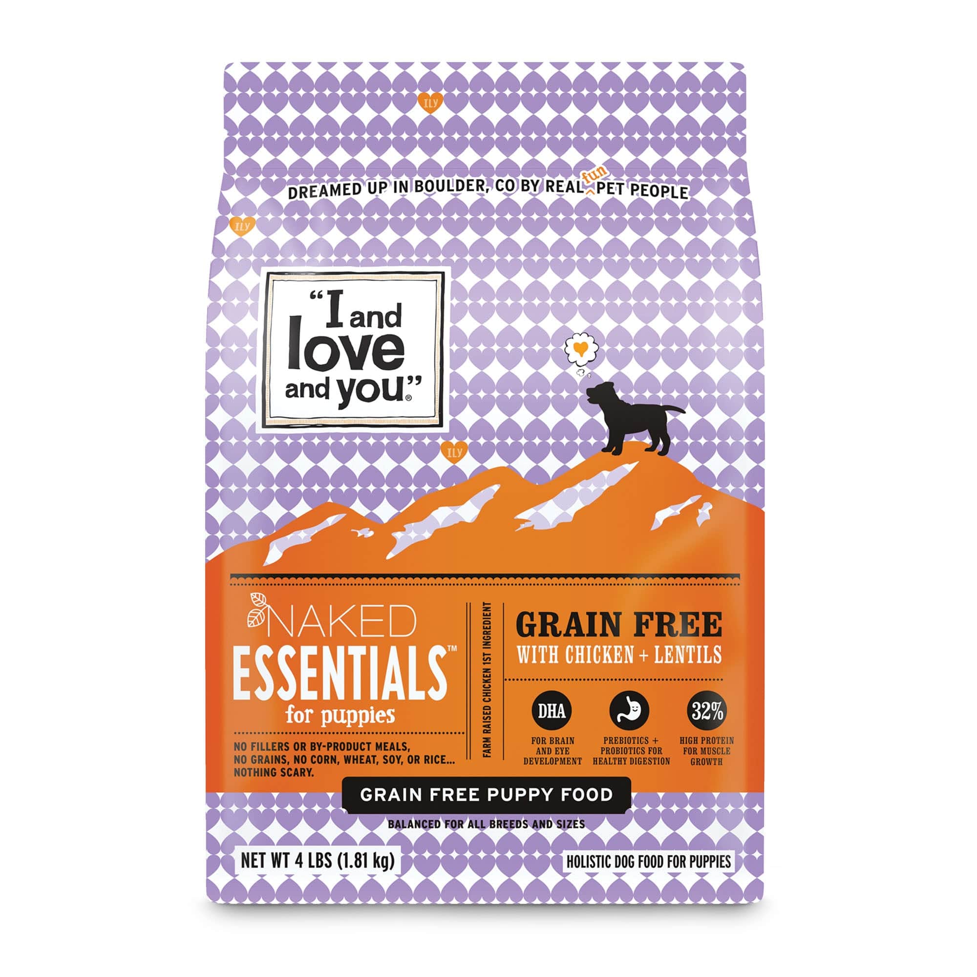 Silhouette of a dog with a bag and package of Naked Essentials Puppy - Chicken + Lentil dog food.