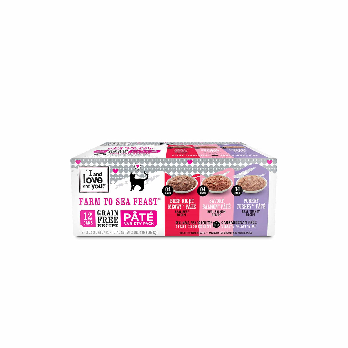 A variety pack of chunky and moist canned pâté for cats with chicken, salmon, and turkey flavors.