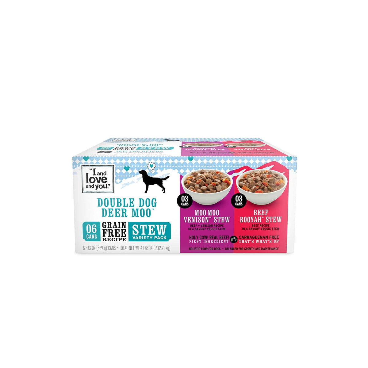 A variety pack of canned wet dog food with Moo Moo Venison and Beef Booyah flavors, showcasing a box of dog food, a silhouette of a dog, and bowls of food.