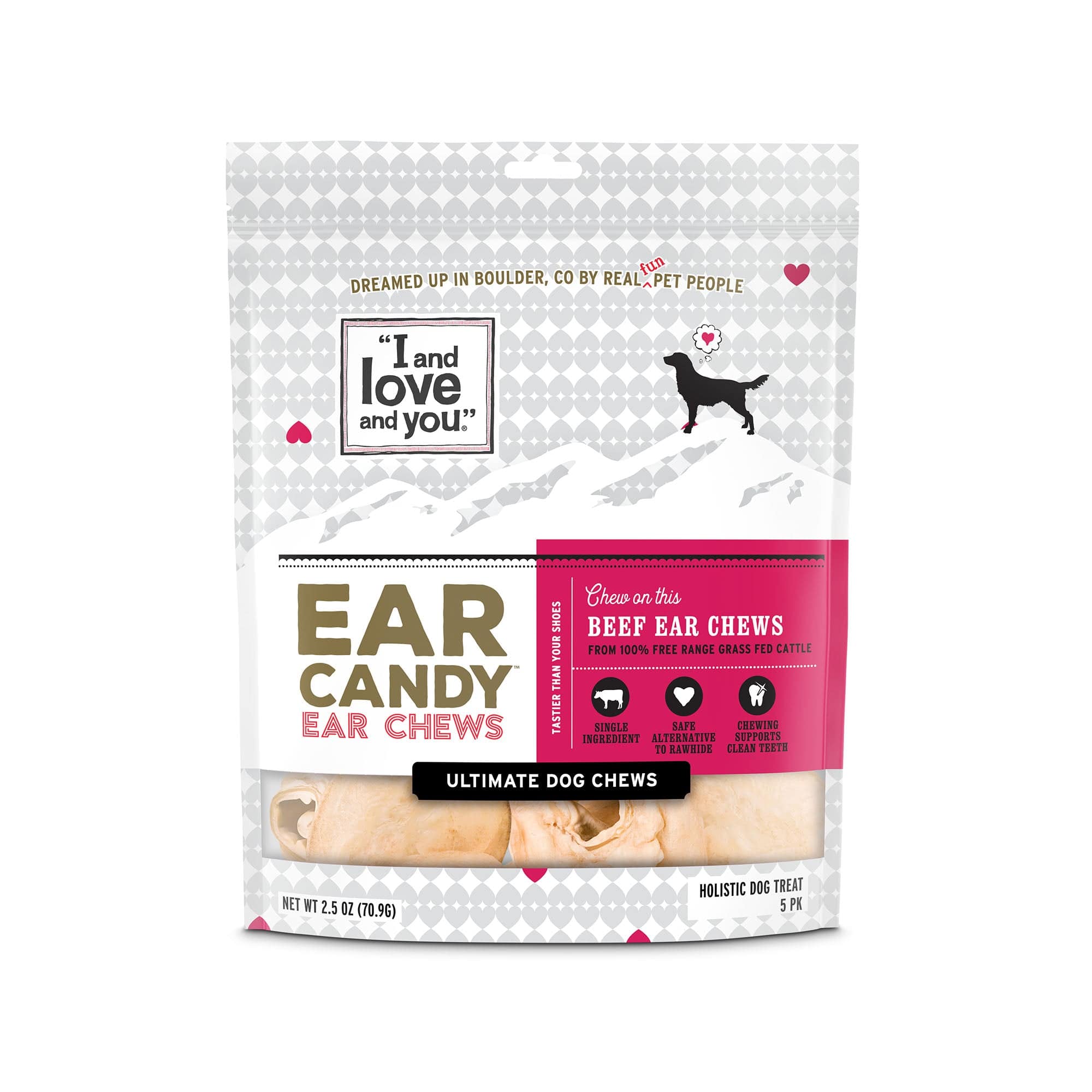 Ear Candy Beef Ear Chews packaging with dog silhouette, treats, and signs.