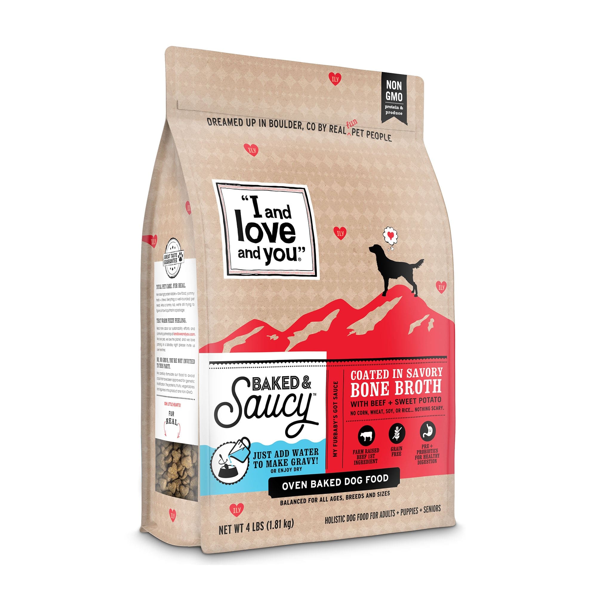 A bag of dog food with a black silhouette of a dog and various signs and labels.