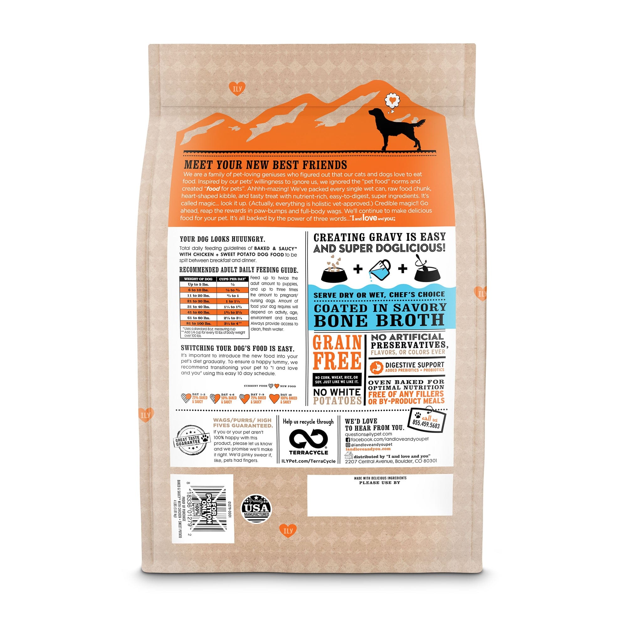 Heart-shaped kibble coated in bone broth, made with USA farm-raised chicken and sweet potato, with a bag of dog food and a silhouette of a dog.