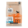 A bag of dog food featuring Baked & Saucy - Chicken + Sweet Potato kibble in heart shape coated in savory bone broth.