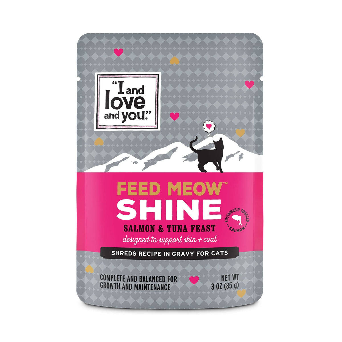 Feed Meow Shine cat food package with black cat and signs.