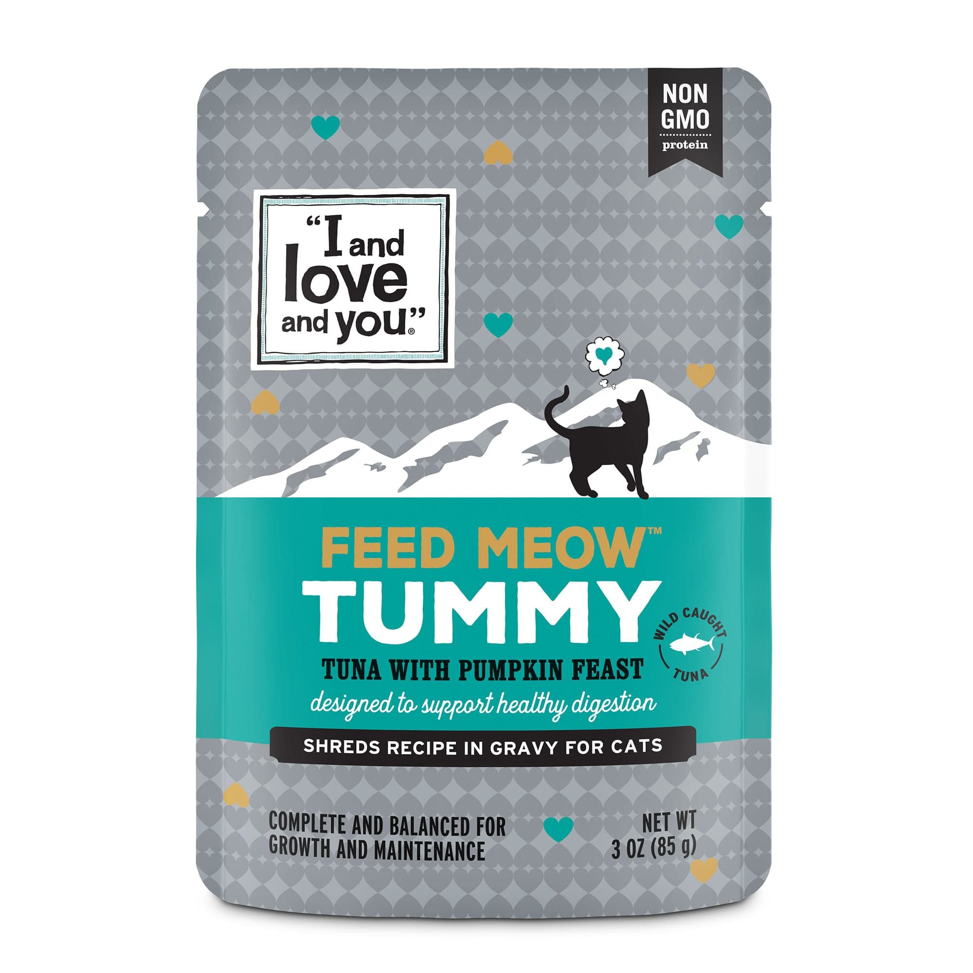 Feed Meow Tummy cat food package with a black cat and a label.