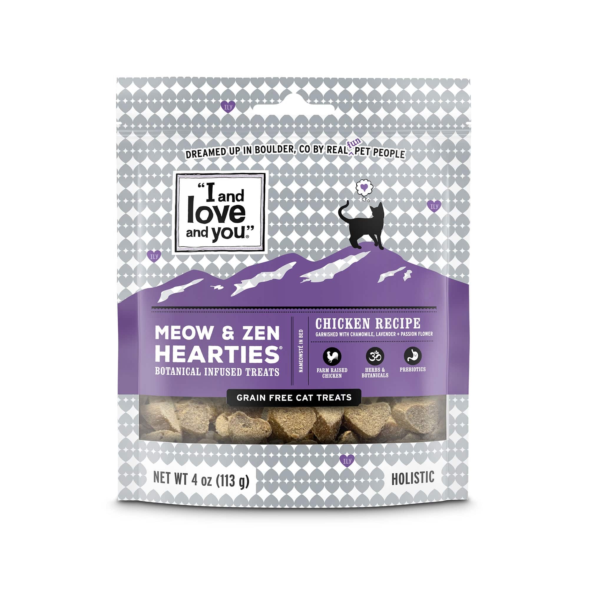 A bag of cat food, cat treats package, label, and cat silhouette with heart, Meow and Zen Hearties product image.