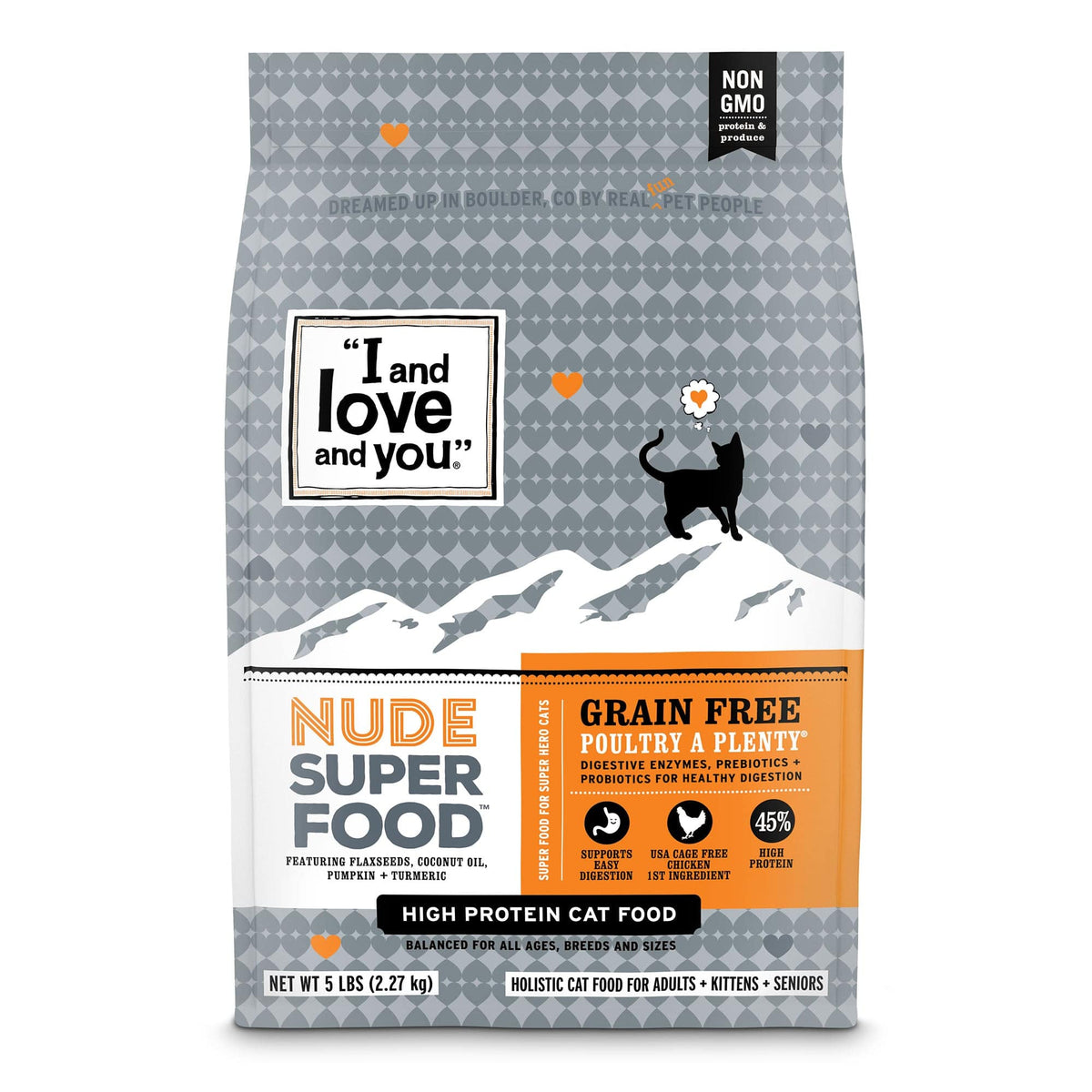 Nude Super Food - Poultry a Plenty: Cat food bag with label, cat on wall, and text signs.