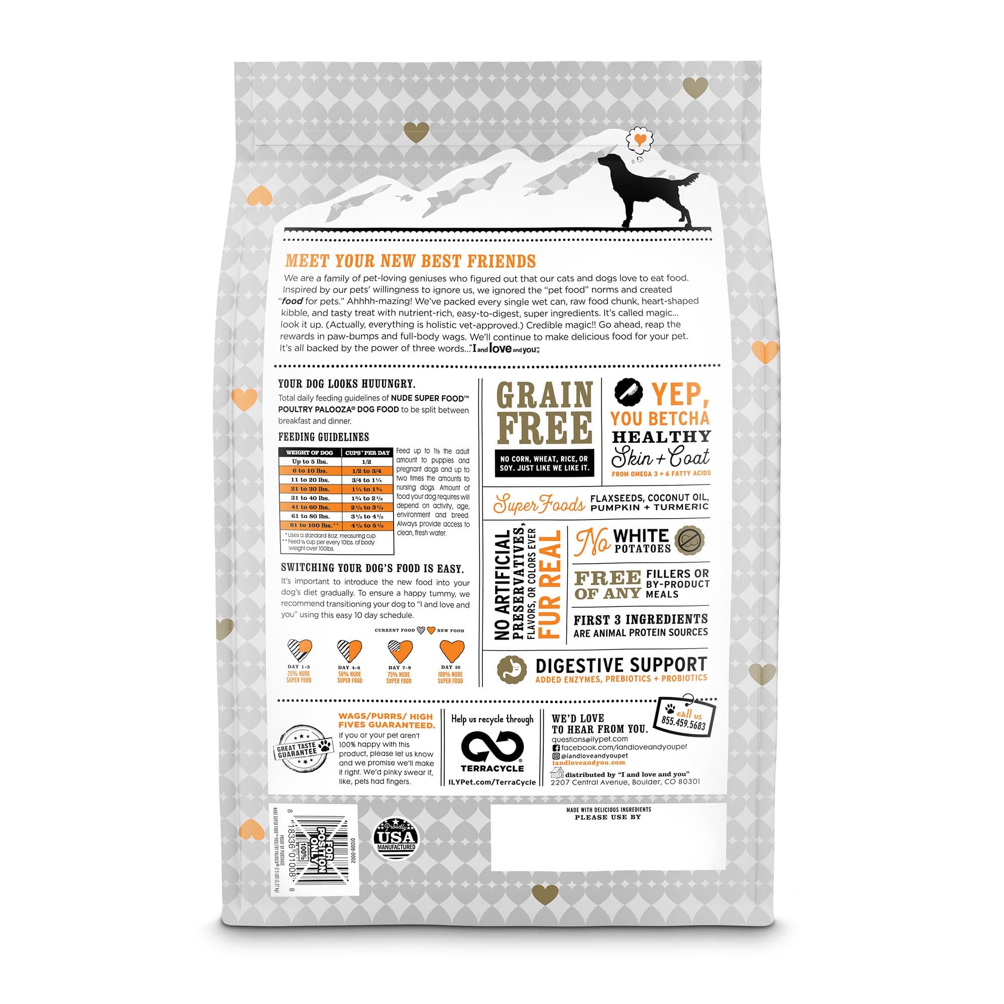 Nude Super Food - Poultry Palooza: A bag of dog food with a close-up silhouette of a dog, showcasing premium kibble with 34% protein from poultry, superfoods, and digestive enzymes.