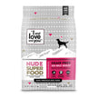 Silhouette of a dog next to a bag of dog food with a pink label and a white sign.