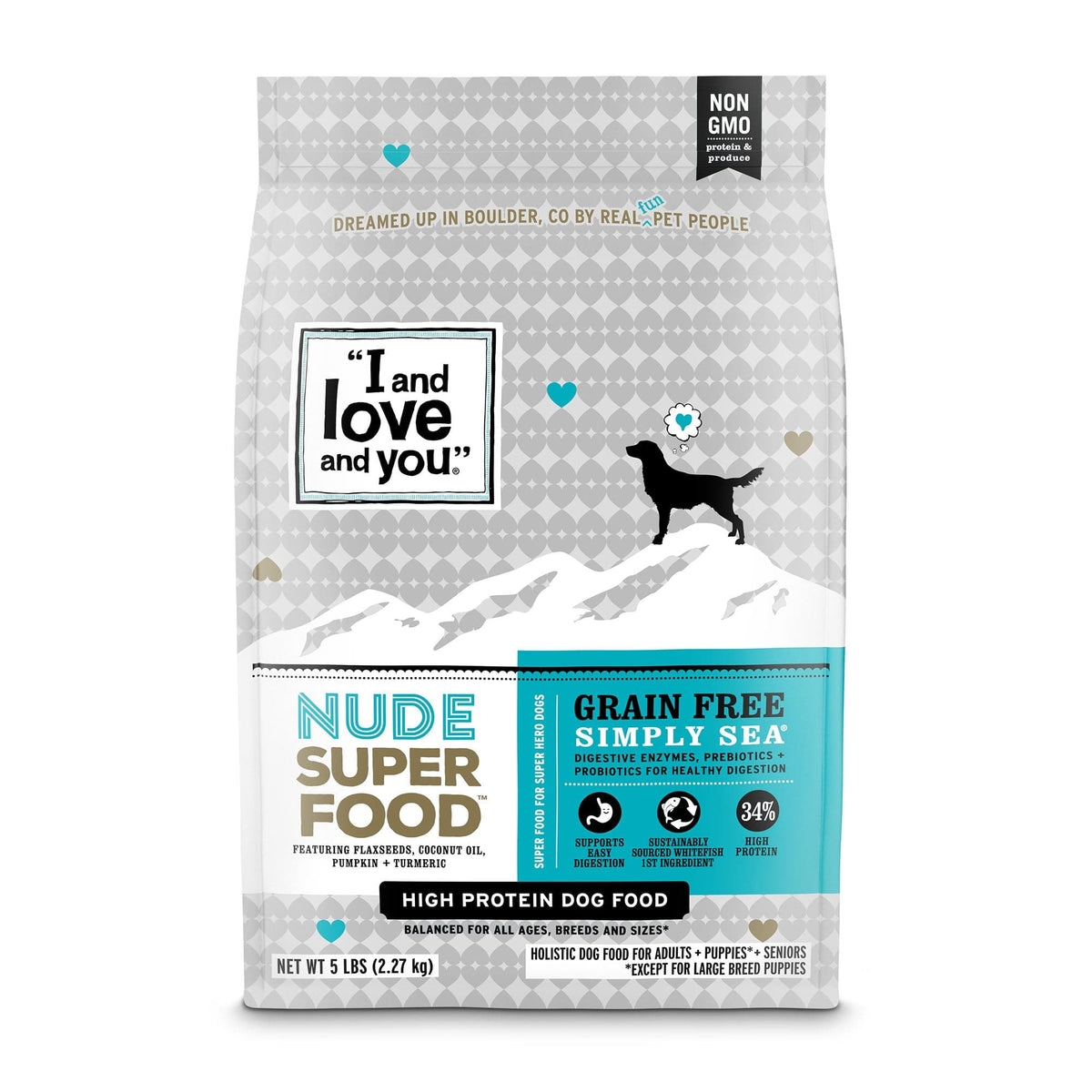 A bag of dog food featuring a silhouette of a dog, a blue label, and various text signs.